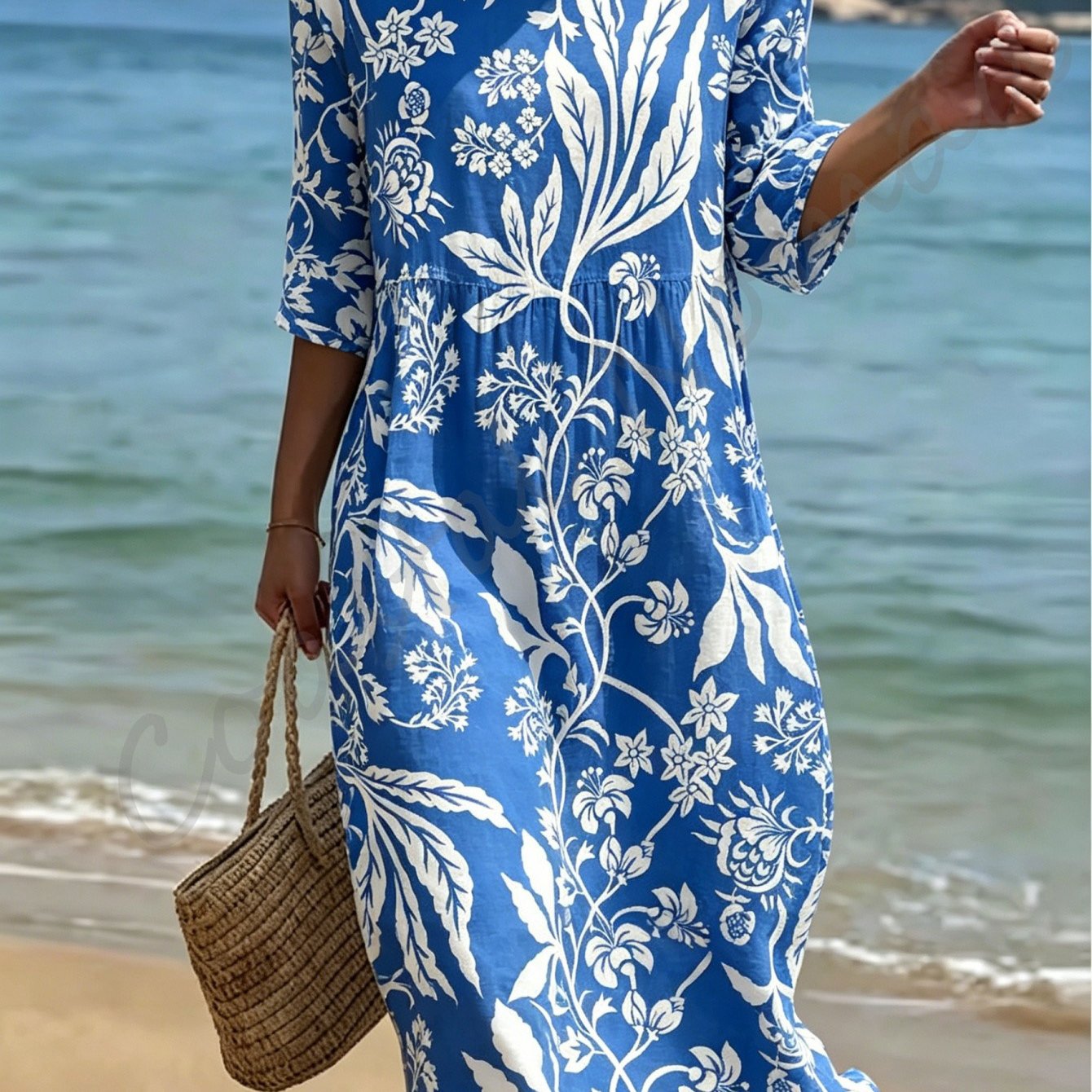 Image of Women's Summer Dress, Round Neck, Three-quarter Sleeves, Blue Resort-style Midi Dress, Breathable Polyester Fabric, 2d Printing, Suitable For Commuting And Vacation.