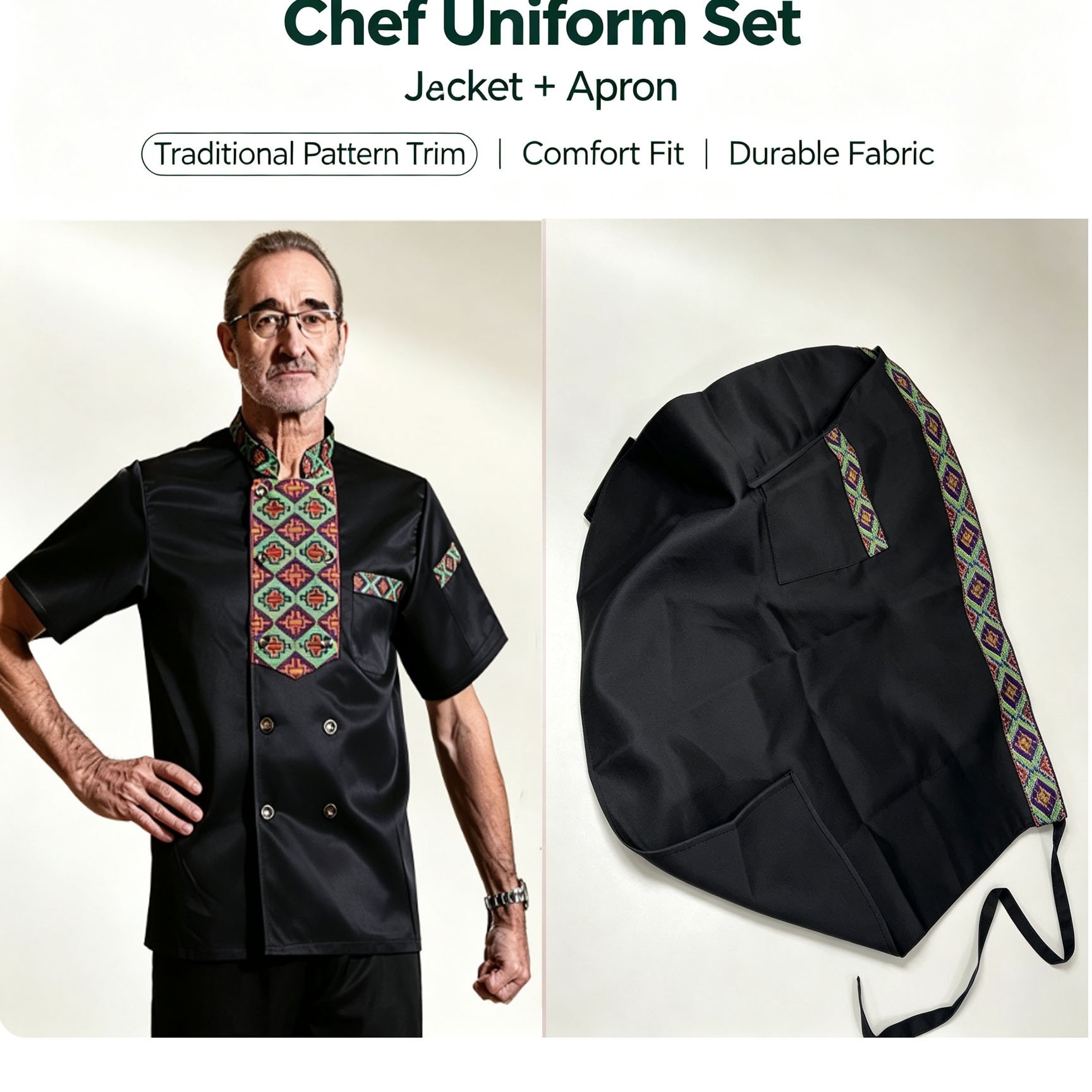TEMU A Set Of Chef's Uniform, Chef's Uniform, Shirt   Apron, Ethnic Style, Traditional Pattern Trim, , Used In Specialty Restaurants And Hotels,