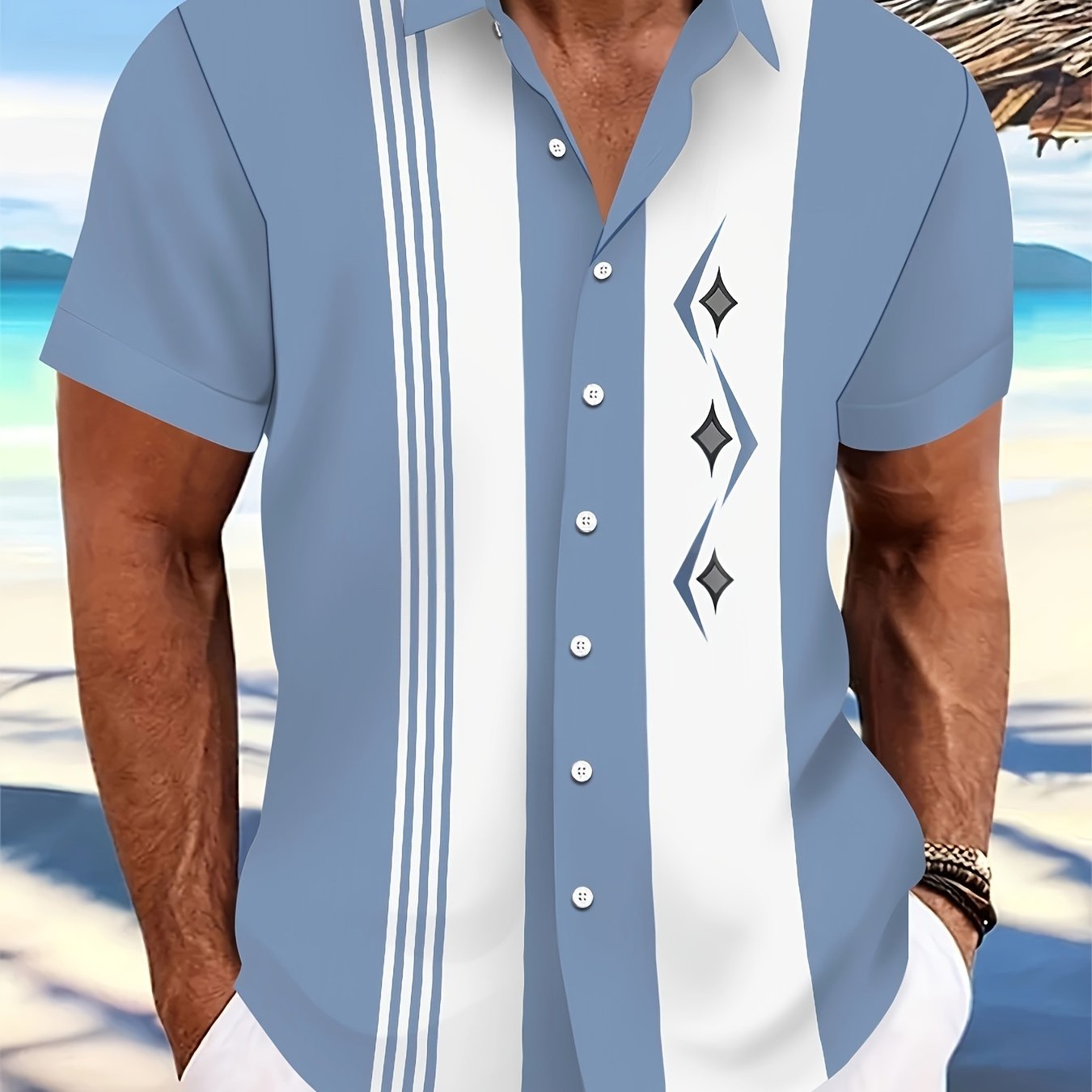 TEMU Men's Summer Casual Button-down Shirts - Geometric & Palm Tree Patterns, Polyester & Spandex Blend, Non-stretch, Lapel Collar, Short Sleeve, Woven Fabric, Quick-drying, Heat Transfer Printed