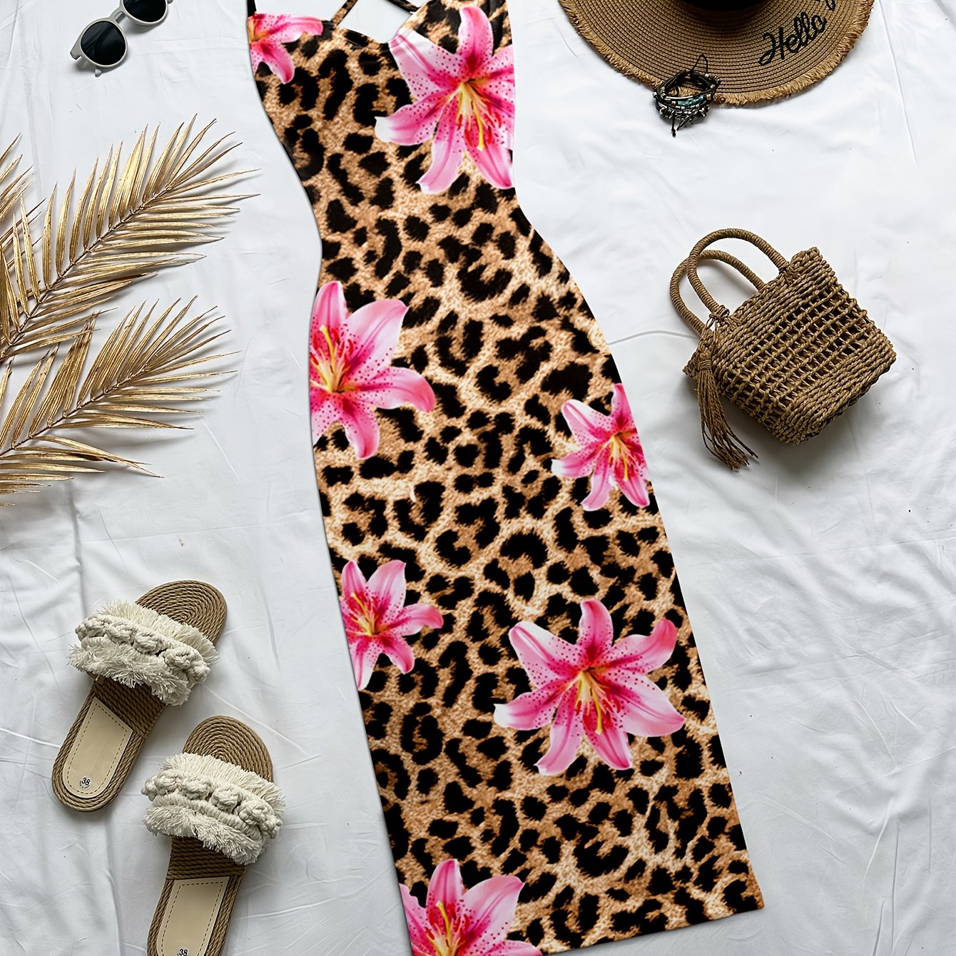 TEMU Women's Spring/summer New Vacations & Night Out Artistic Colorful Printed Camisole Crisscross Back Bodycon Maxi Dress