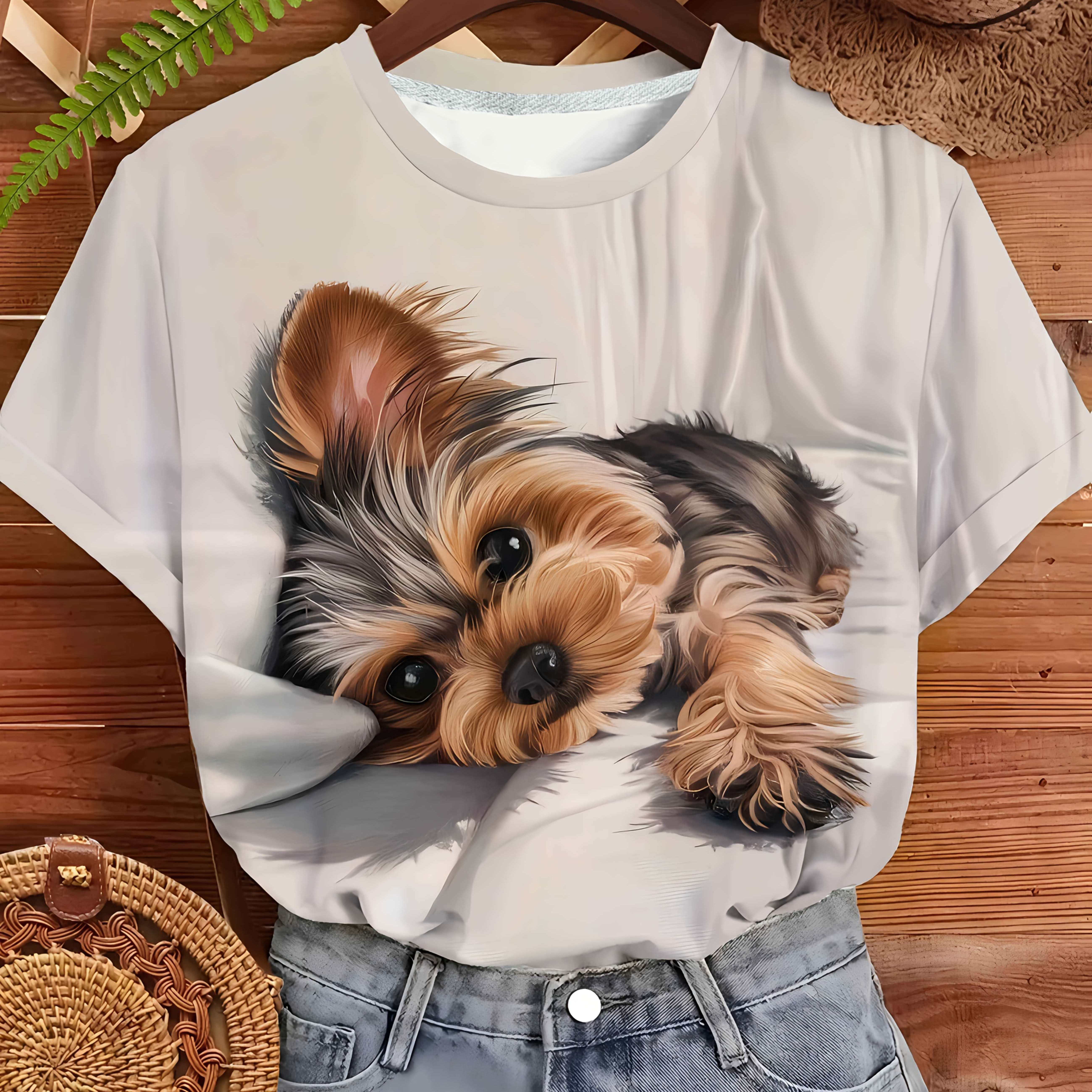 Unisex Round Neck Funny Graphic T-shirt, Cute Yorkshire Terrier Puppy Print Short Sleeve Casual Tee, Soft Breathable Machine Washable, Ideal Gift For Men And Women Pet Lovers