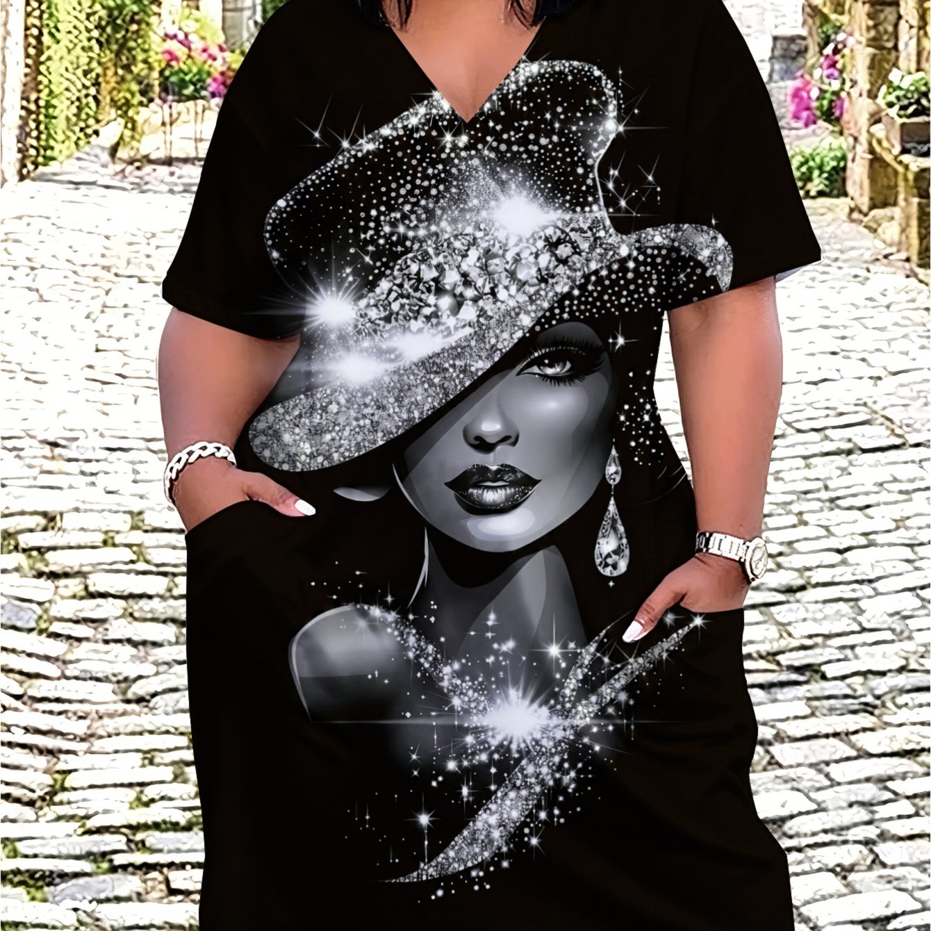 Image of Plus Size, Plus Size Women's Casual Y Dress Sparkling Hat Design Midi Dress Features Pockets Summer Clothing Suitable For Religious Gatherings And Daily Wear