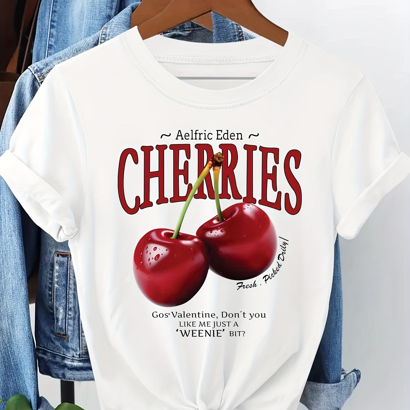 TEMU Women's Casual Cherry Print T-shirt - "cherries" Design With Red Cherries & Heart, Short Sleeve, Round Neck, Lightweight & Stretchy, , Casual