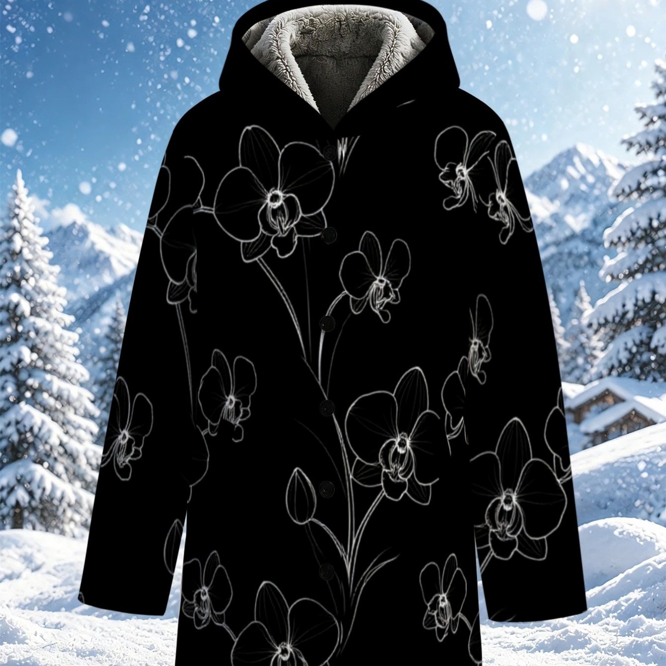TEMU Lianyaoshi [printed Design Not Textured] Women's Fleece-lined Hooded Coat With Floral Print, Black, Lightweight Warm For Winter Outdoors, Snowy