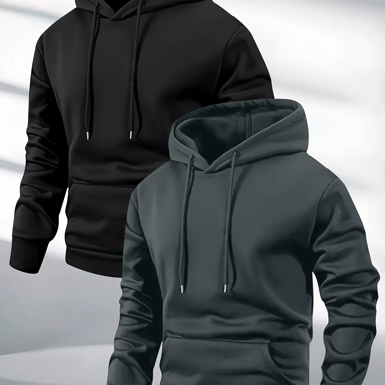 2pcs Men's Sweatshirt Hoodie Long Sleeve Autumn Winter Solid Color Light Board Hooded With Drawstring Design And Kangaroo Pocket Outdoor Jogging Athletic Men's Casual Sportswear