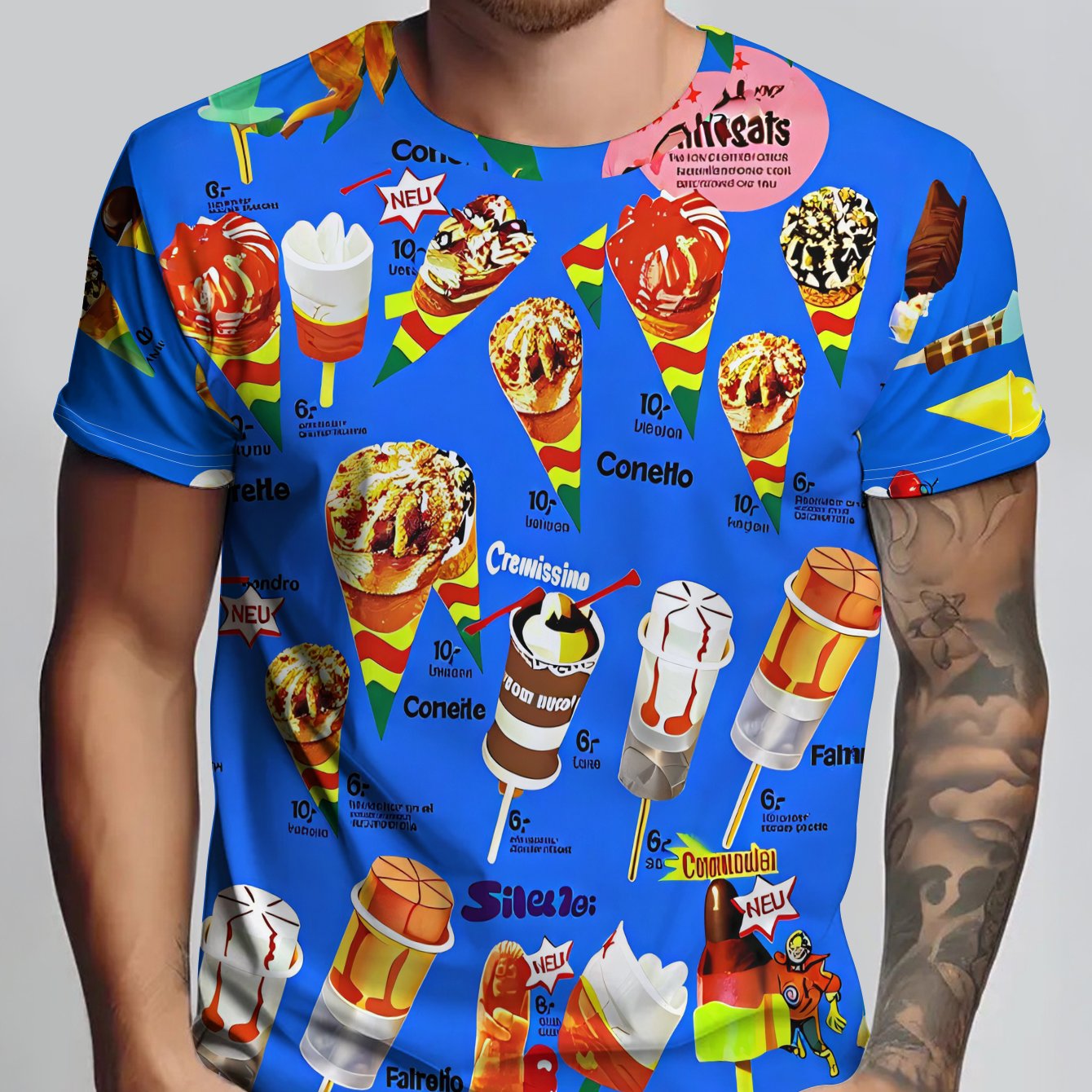 TEMU Man Wearing Blue T-shirt, Print Of Colorful Ice Cream, And