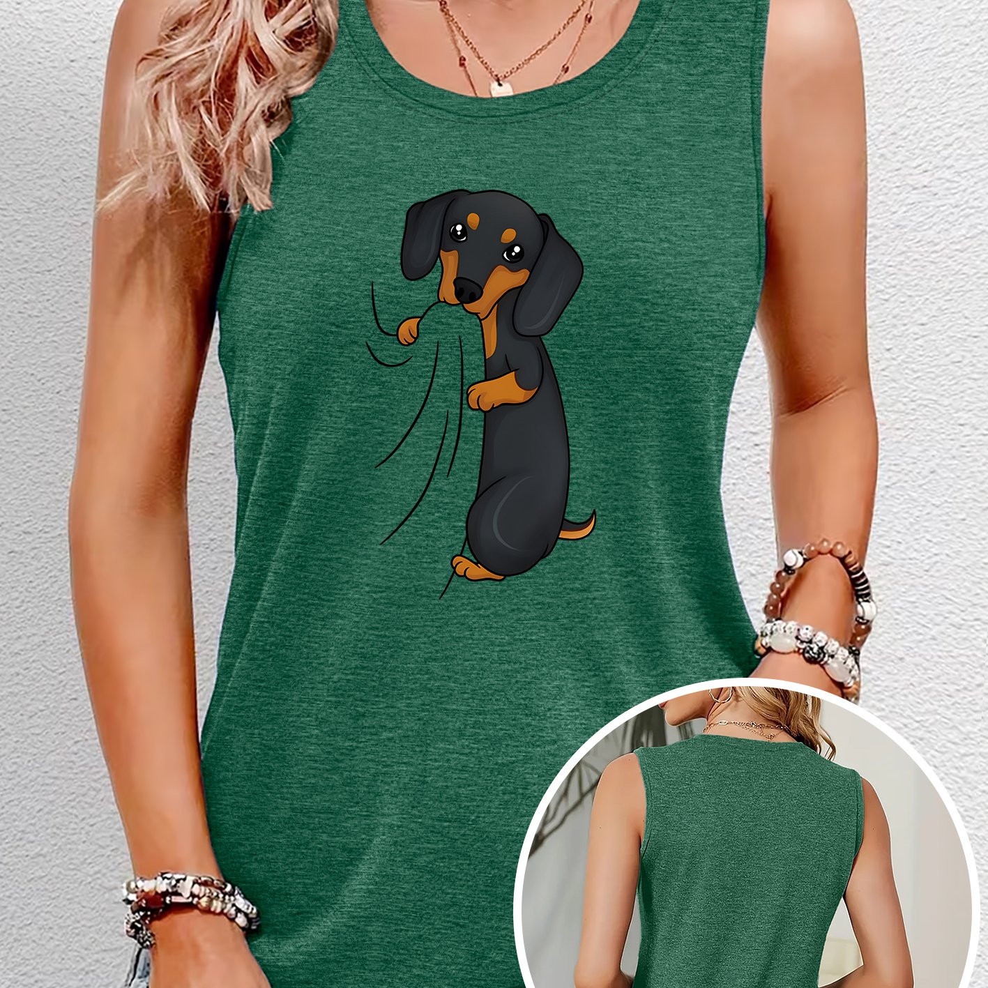 TEMU Ladies' Elegant Style Vest With Dachshund Paw Print Pattern, Round Neck, Comfortable, Soft, And Breathable, /summer Top, Gift, Fashionable For