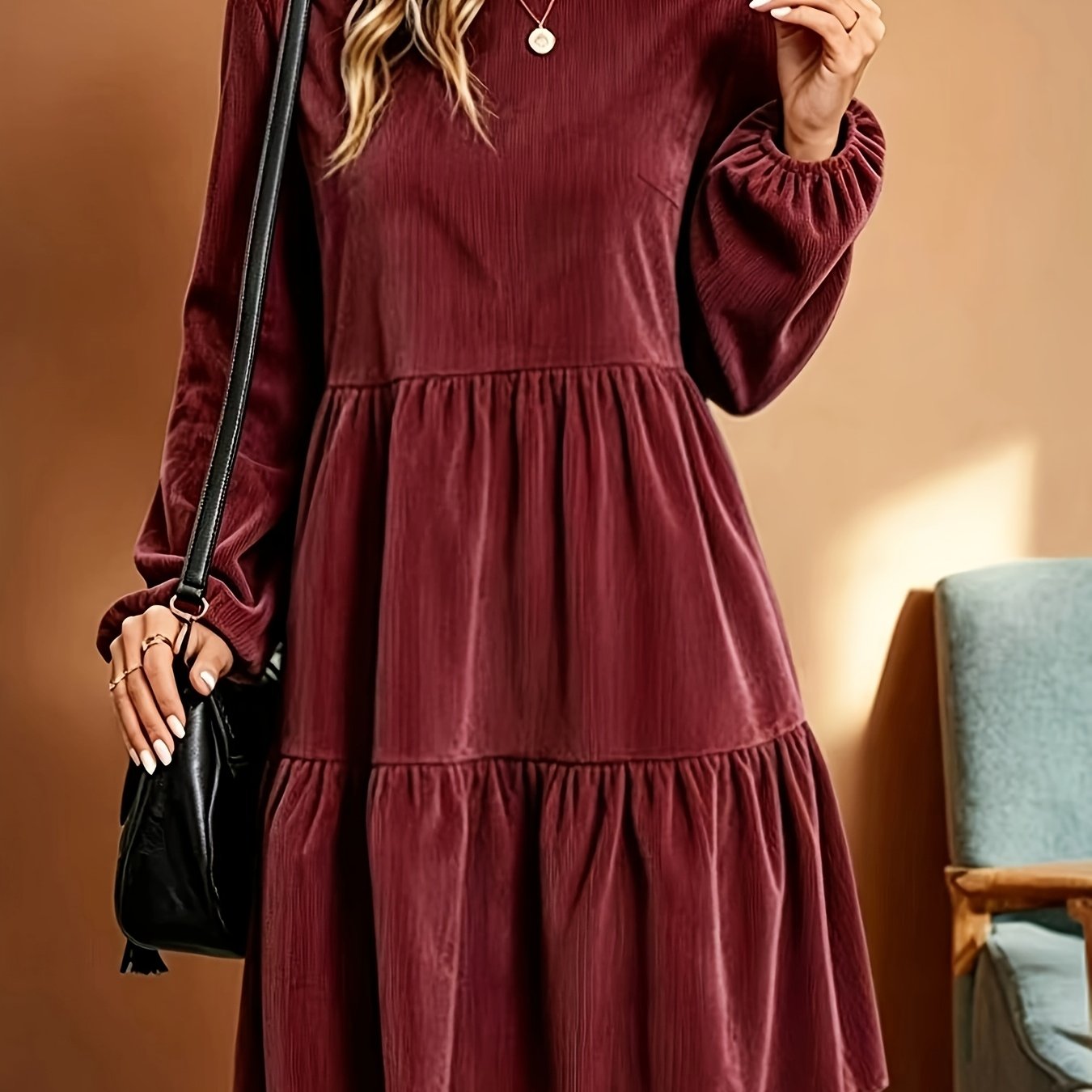 TEMU 2026 Autumn Winter Corduroy Solid Color Elegant Casual Commuter Retro Long Sleeve Dress