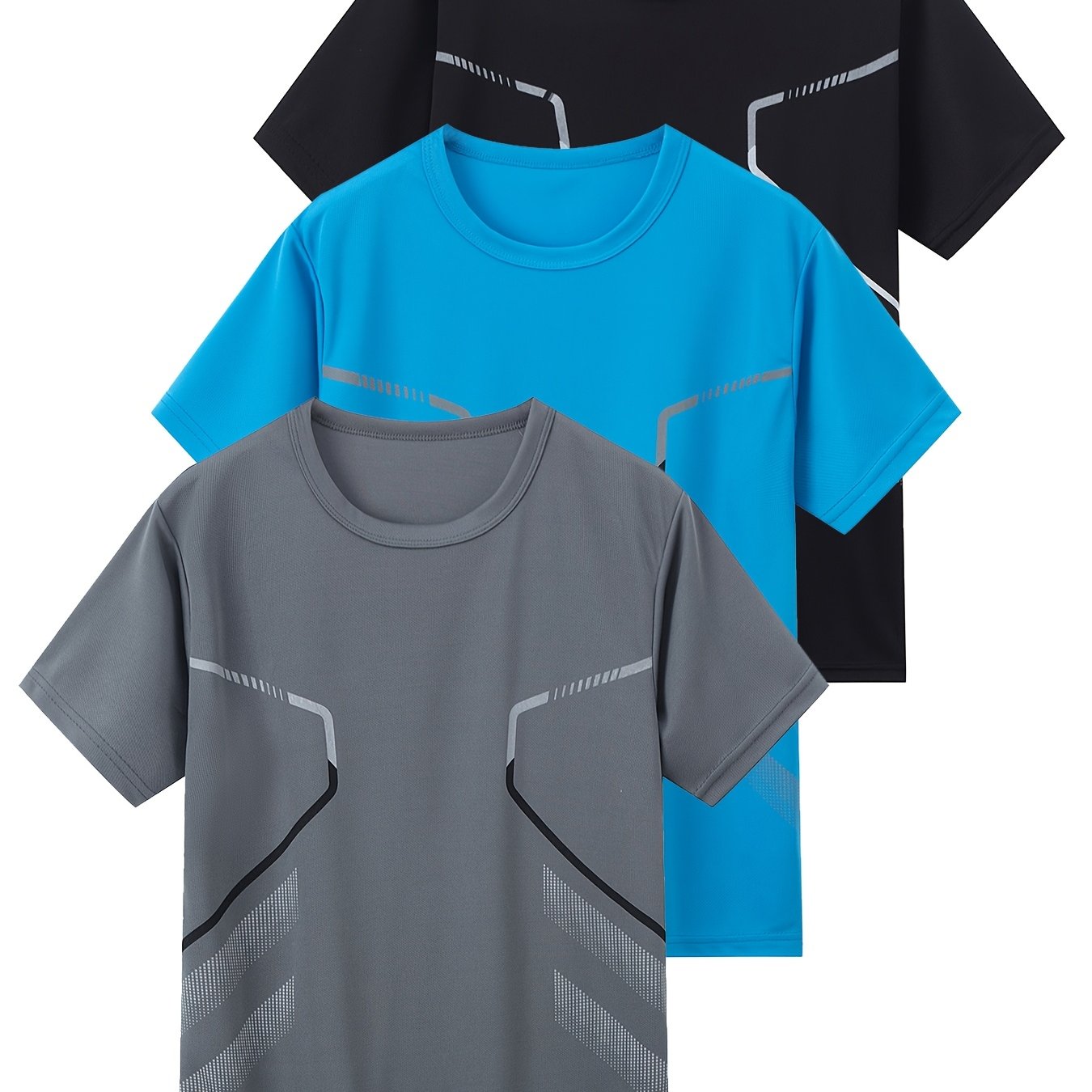 TEMU 3pcs Boys' Athletic T-shirts - Quick-dry, Breathable Mesh, Short Sleeve, Lightweight & Comfortable For Running And Outdoor Play - Black, Gray,