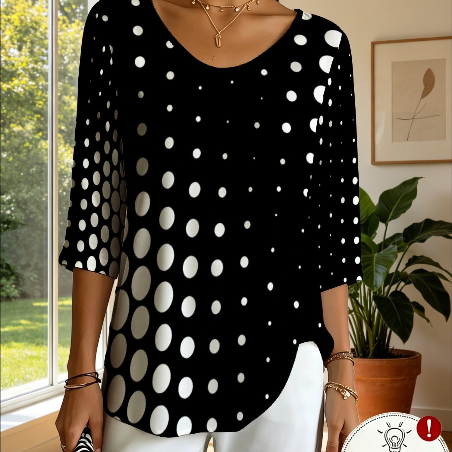 TEMU Women'-quarter Sleeve V-neck Top, Black With White Polka Dot Print, Casual Top [printed Design - Not Textured]