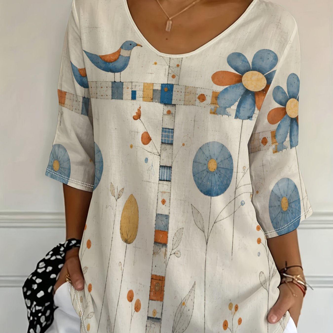 TEMU Plus Size - [printed Design - Not Texture] Women'-quarter Sleeve T-shirt, Fashionable And Elegant Print, Breathable, Casual , Suitable For Daily