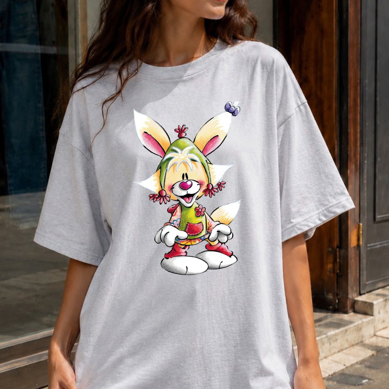 Image of Cartoon Bunny Rabbit Print Neutral T-shirt Casual Short Sleeve Light Gray Oversized Fit Daily Leisure Tee Stylish T-shirt