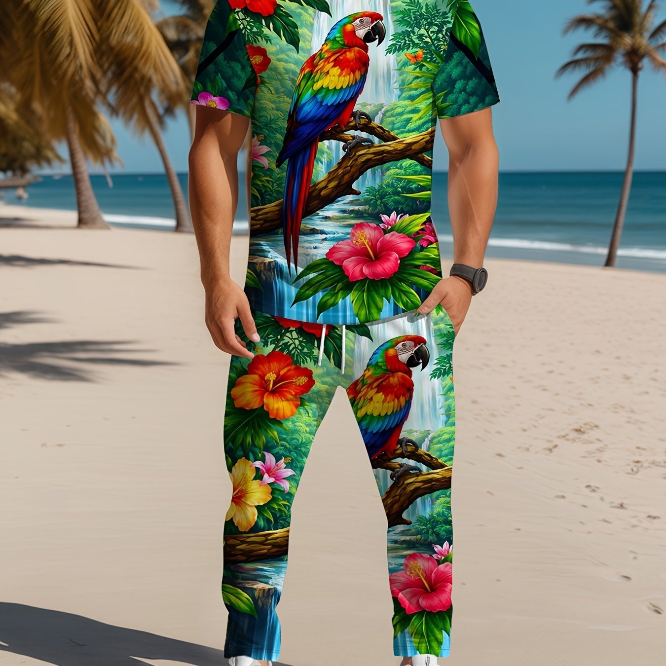 TEMU [printed Design â Not Textured] Plus-size Men's Printed Short-sleeve And Long Pants Set, New Full-- Set, Short-sleeve And Long Pants Set With