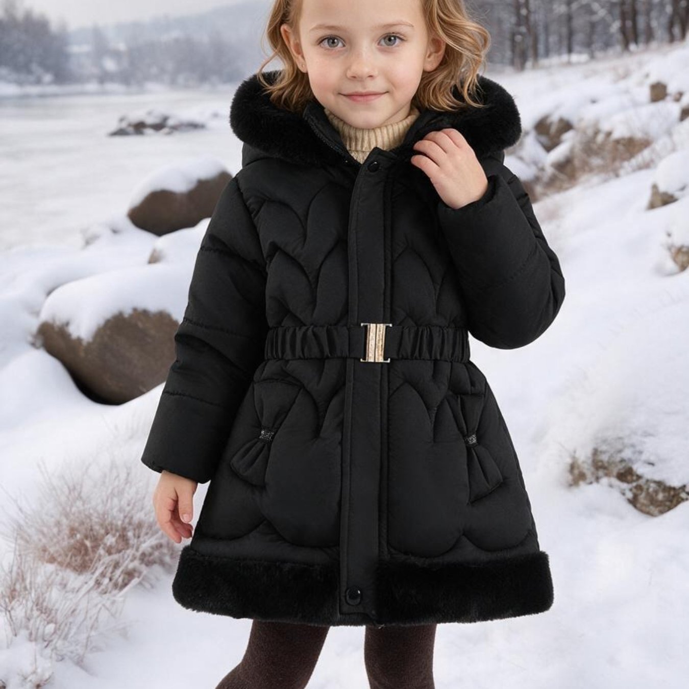 Image of Girls' Jacket, New Winter Coat, Thickened Hooded Mid-length Warm Coat