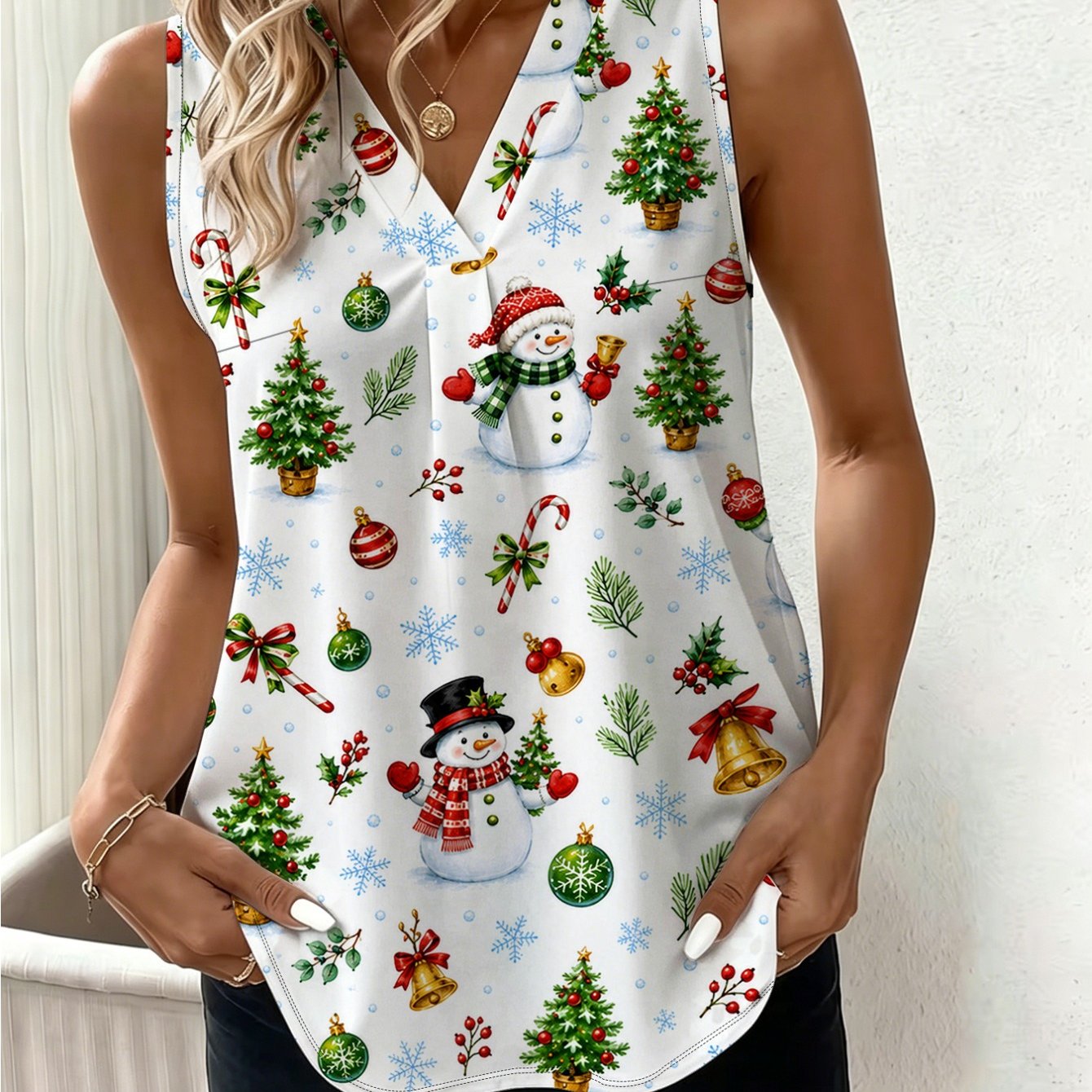 TEMU Plus Size Women's Round Neck Stretch Sleeveless V-neck Vest, Fresh Christmas Cartoon Snowman Christmas Tree Candy Cane Bell Snowflake Holly