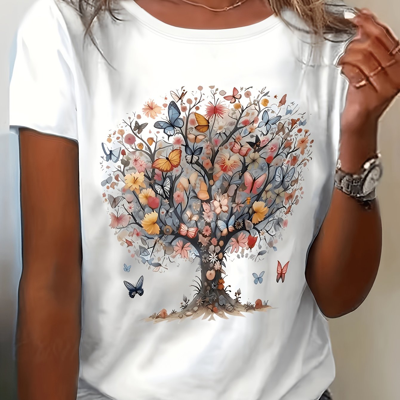 TEMU Women's Multicolor Floral Tree Print Round Neck Regular T-shirt