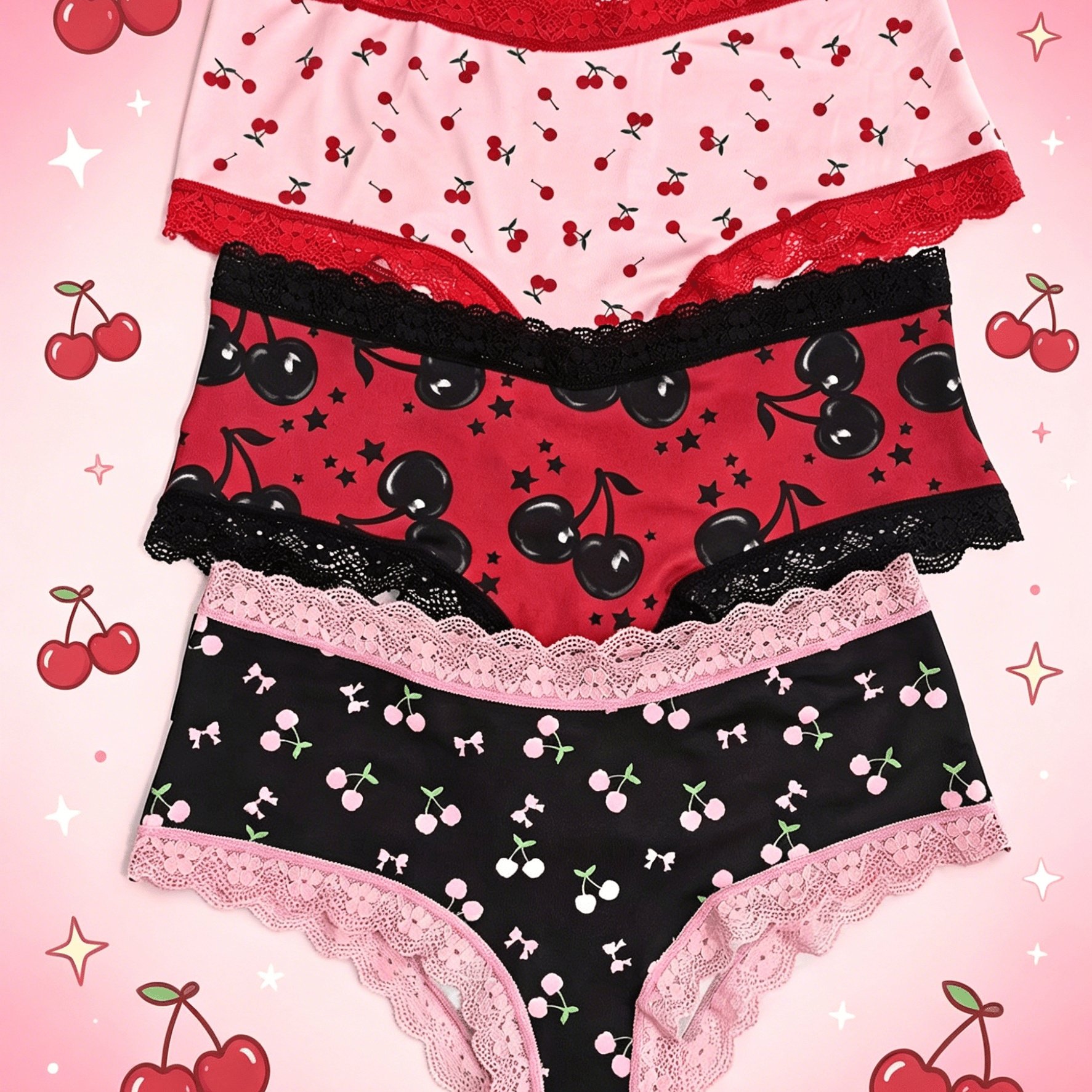 Image of Sweet Cherry Print Women's Underwear Black And Pink Contrast Mid-waist Triangle Panty Sweet And Spicy Style Lady's Gift 3pcs Set