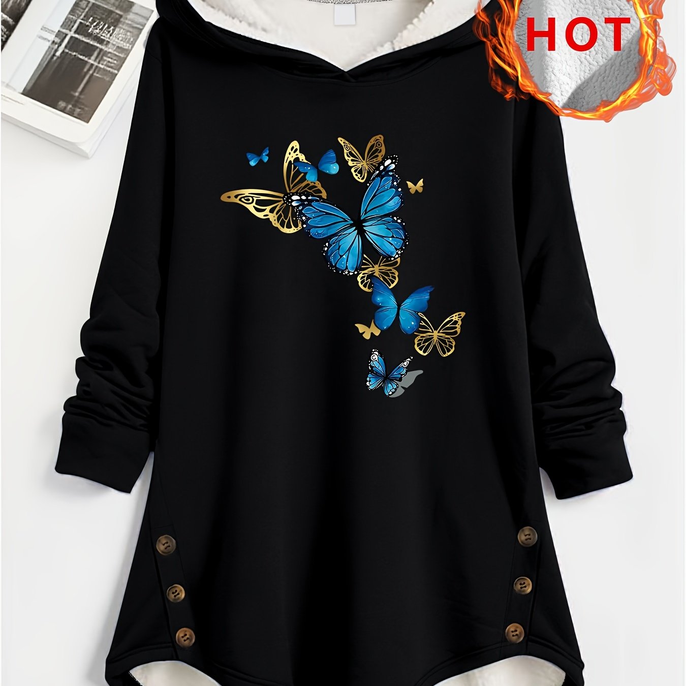 TEMU Veste à capuche doublée et boutonnée pour femme grande taille, chaude, noire, pour /hiver, capuche doublée, sweat à capuche avec imprimé , coupe
