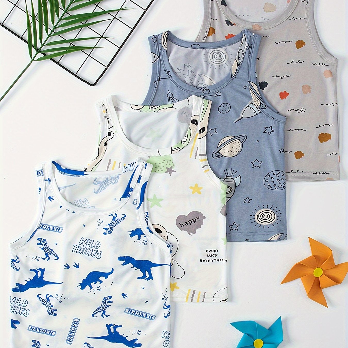 Image of 4pcs Set Vest Summer Medium To Large Children Boys And Girls Same Style Sleeveless Vest Top Dinosaur Rocket Bear Pattern Sweatshirt Lightweight Breathable Base Layer Outfit