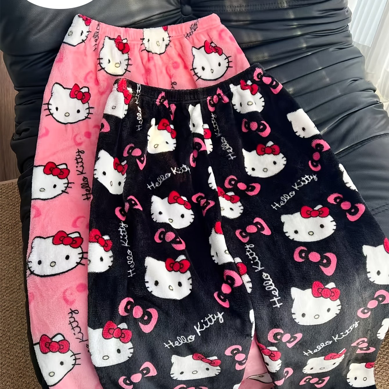 Winter | 2-pack Hello Kitty Flannel Pajama Pants For Women, Official Licensed Plush -lined Thermal Sleepwear. Sets (black+pink/white/peach), Perfect Christmas & Valentine's Gift For Family/couple/bff.