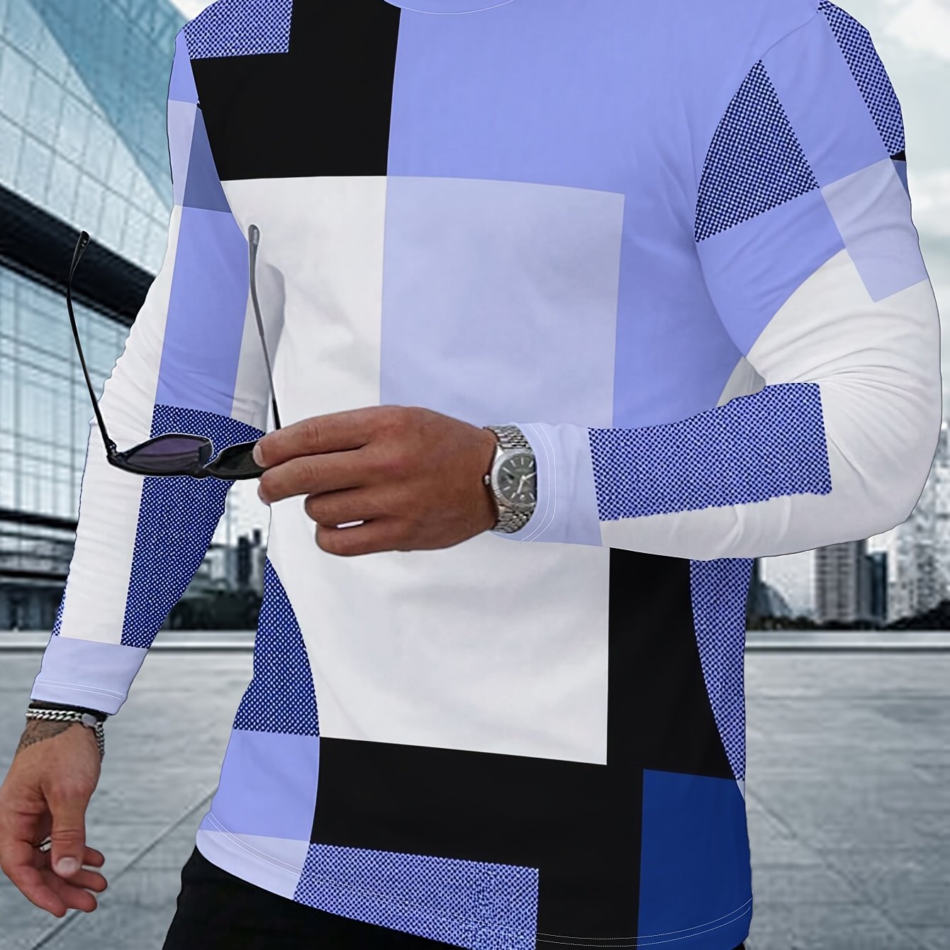 TEMU This Long-sleeved Top Features A Geometric Design In Blue, Black, And White, With A Simple And