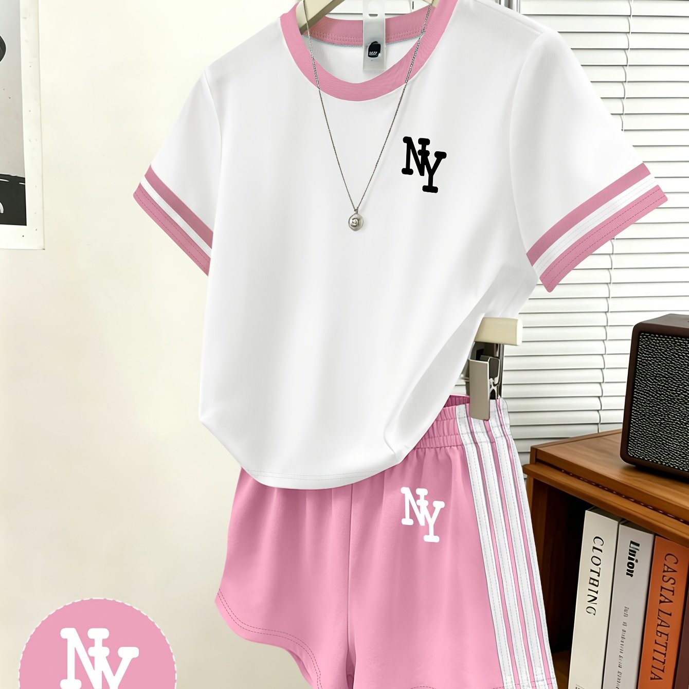 TEMU 2pcs Women's Outfit Set - Pattern Print Design - Contrast Short Sleeve T-shirt And Shorts | Machine Washable, With Side Striped Detail, Elastic