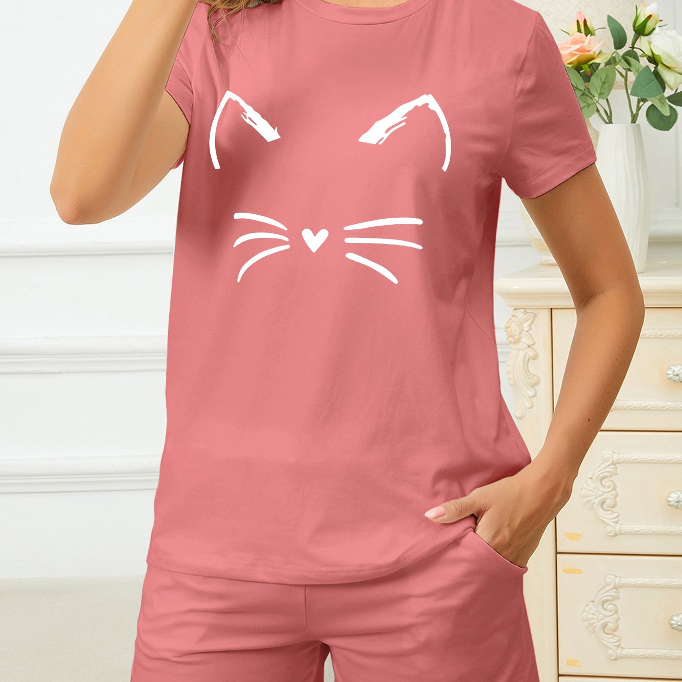 TEMU Women's Casual Two-piece Set, Cat , Polyester 96% Elastane 4%, Crew Neck Short Sleeve T-shirt & Shorts, Animal Pattern, Knit Fabric Loungewear