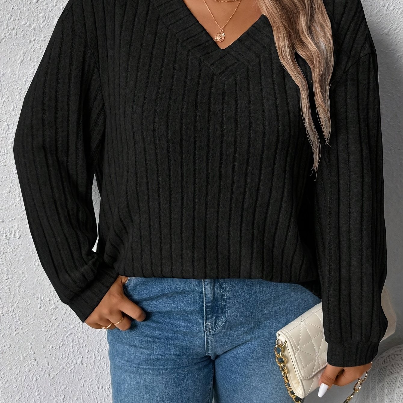 TEMU Plus Size - Plus Size - Damenmode Plus Size V-Ausschnitt Einfarbig Langarm T-Shirt