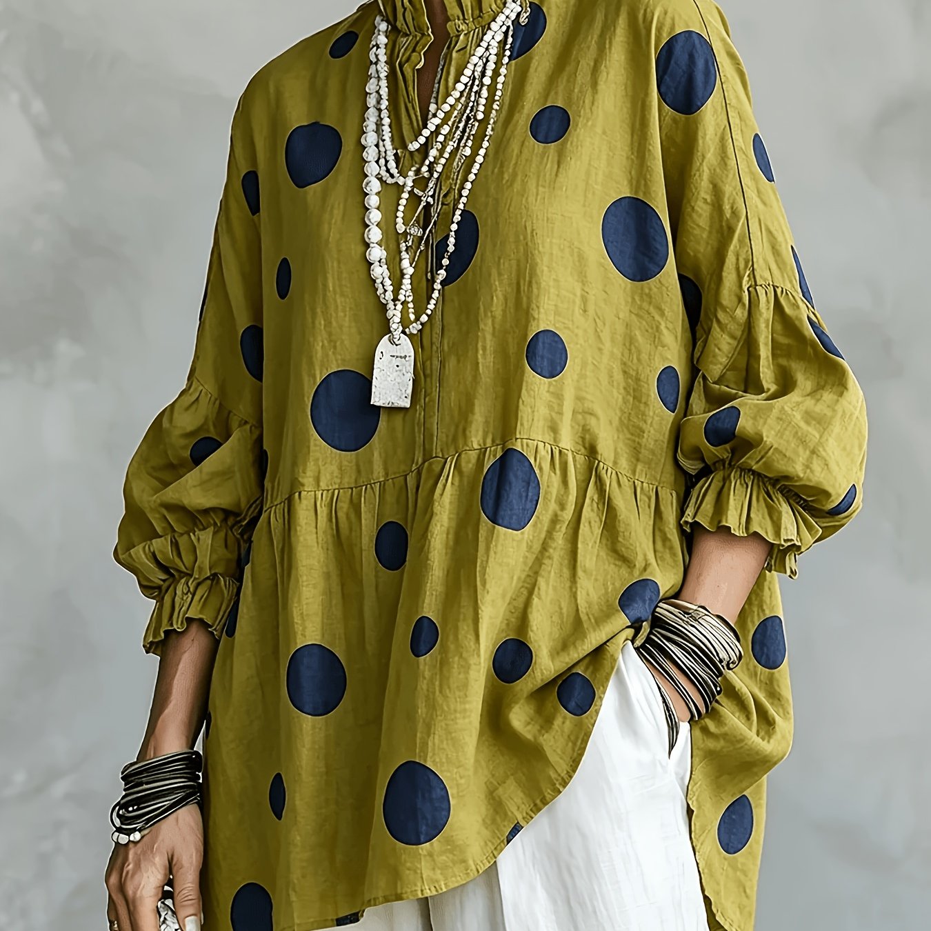 TEMU Chemise mi-longue grande taille pour femme, style bohème, blouse à volants à olives avec motif floral (accessoires non )