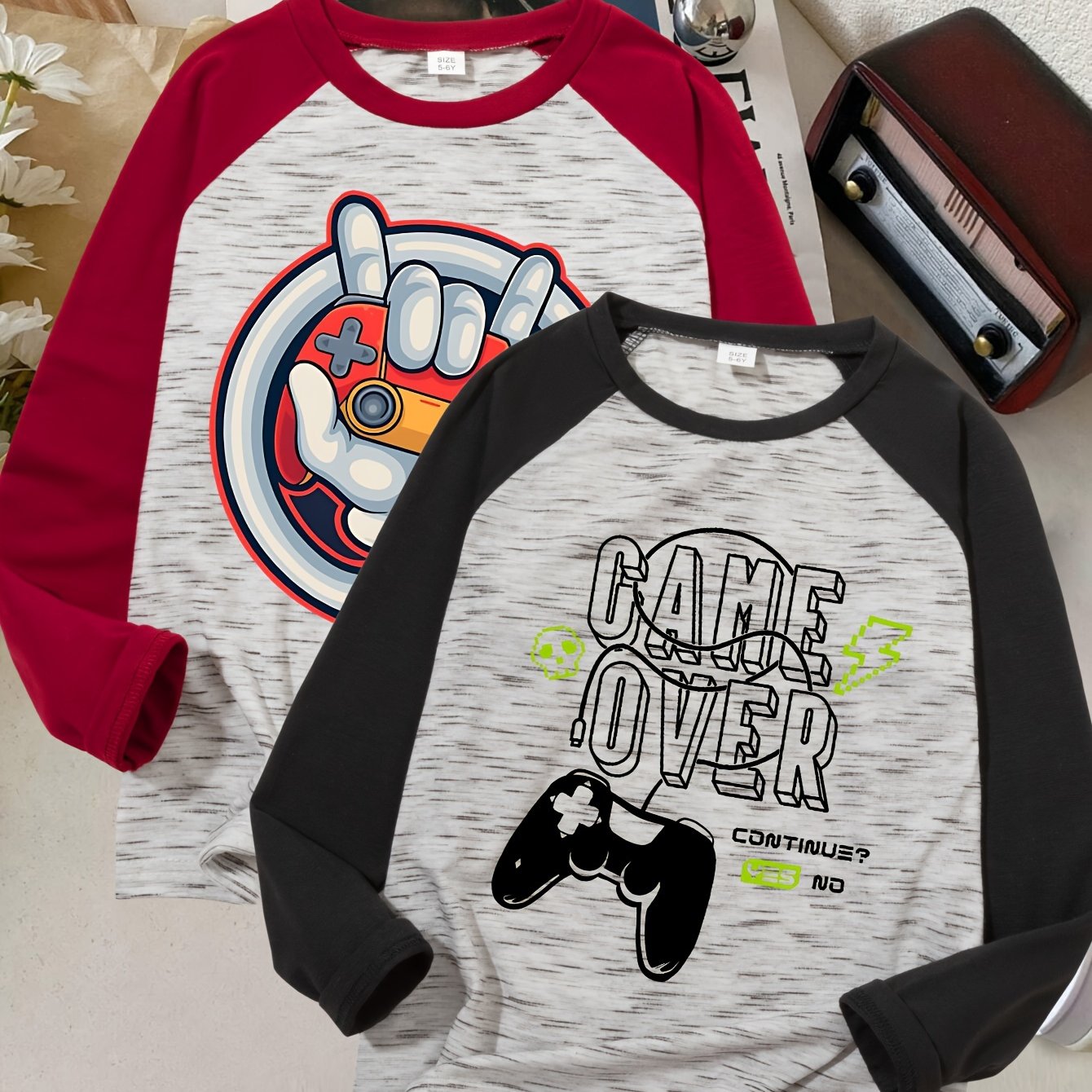 TEMU Boys' Letter Cartoon Print Long Sleeve T-shirts 2-pc