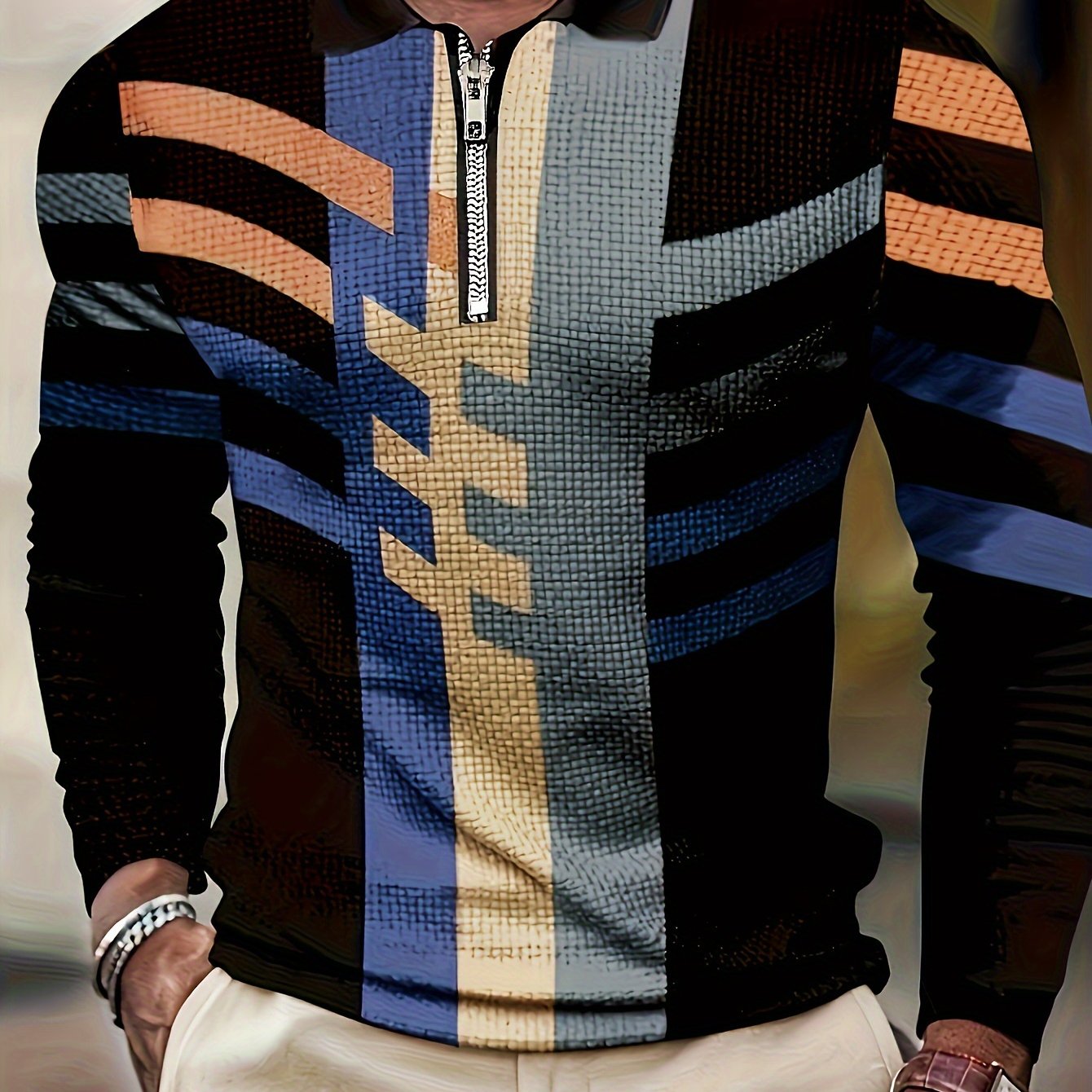 TEMU Men's Fashionable Fall/winter Long Sleeve   Shirt With Geometric Patterns And Metal Chain Detail