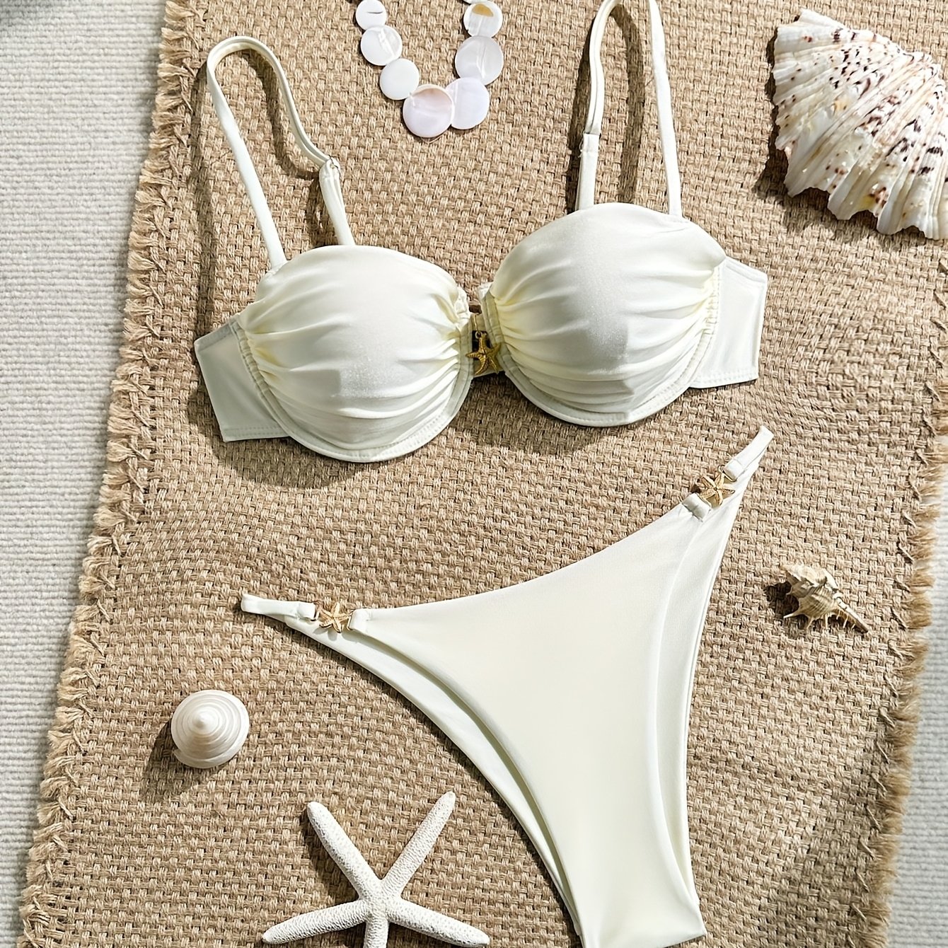 E-shop 2-teiliges Set, Einfarbiger Bügel-Bikini mit Raffung, Sexy Bikini für Schwimmen, Strandurlaub