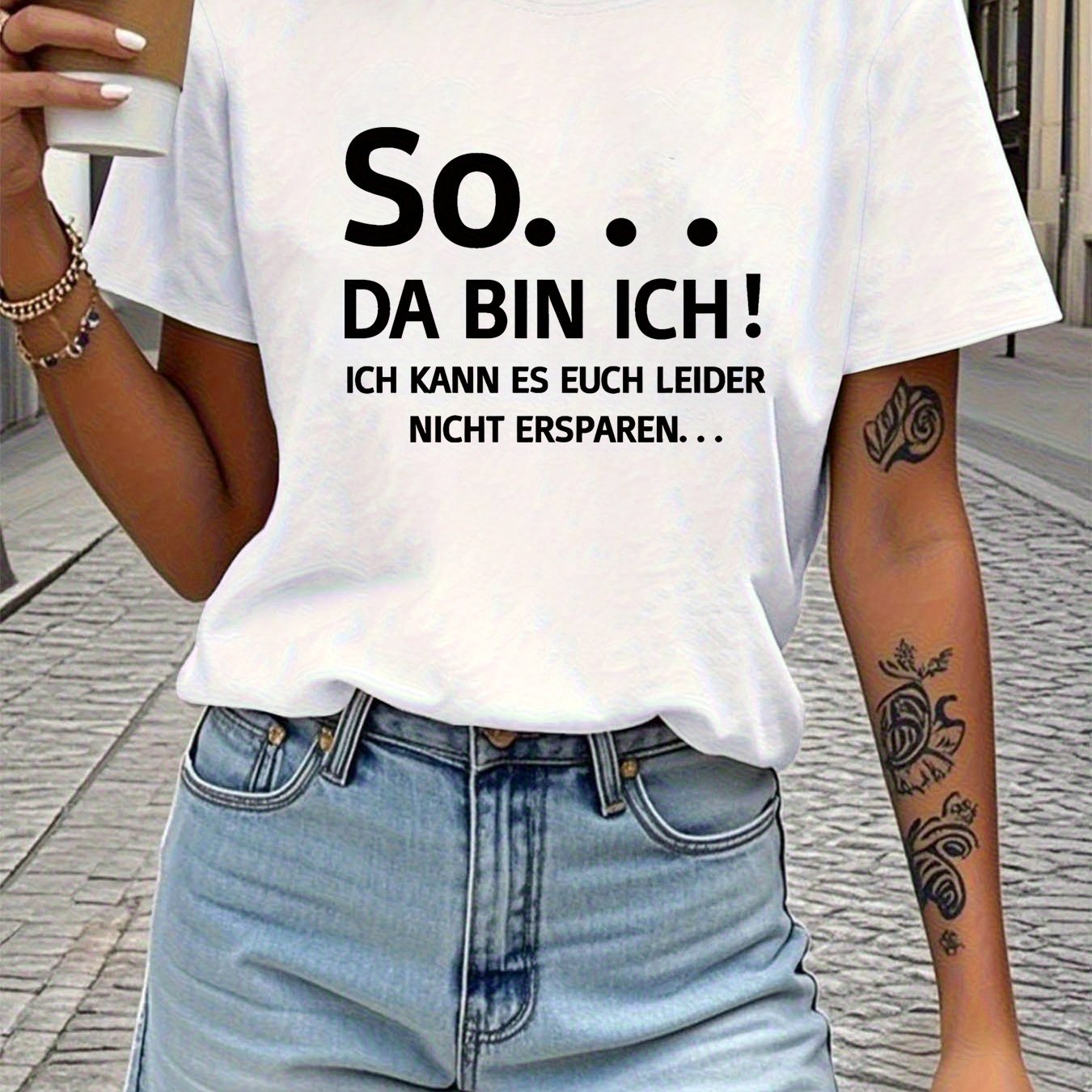 Image of Soda Bin Ich Ich Kann Es Euch Nicht Ersparen Letter Print T-shirt, Short Sleeve Crew Neck Casual Top For Summer & Spring, Women's Clothing