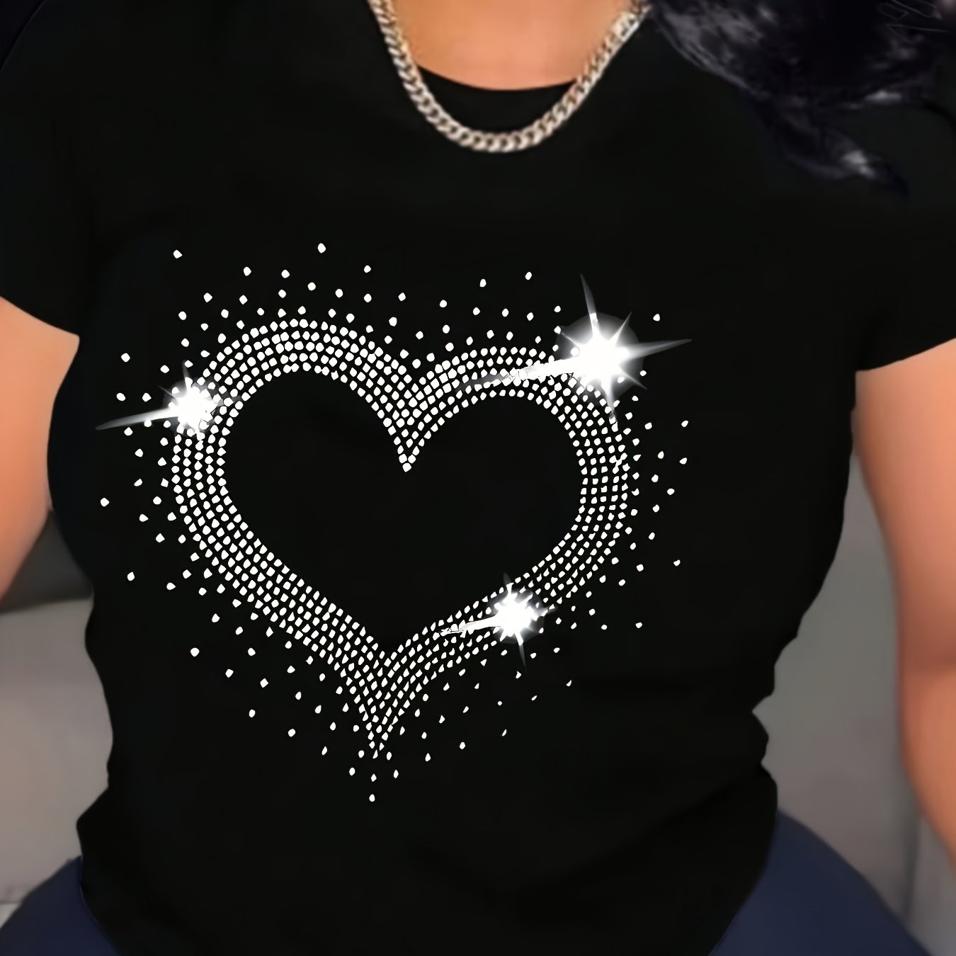 TEMU Plus Size, Women's Plus Size Sparkly Rhinestone Chevron T-shirt - Short Sleeve Blouse For Curvy Ladies, Comfy Chic Suitable For Daily Wear &