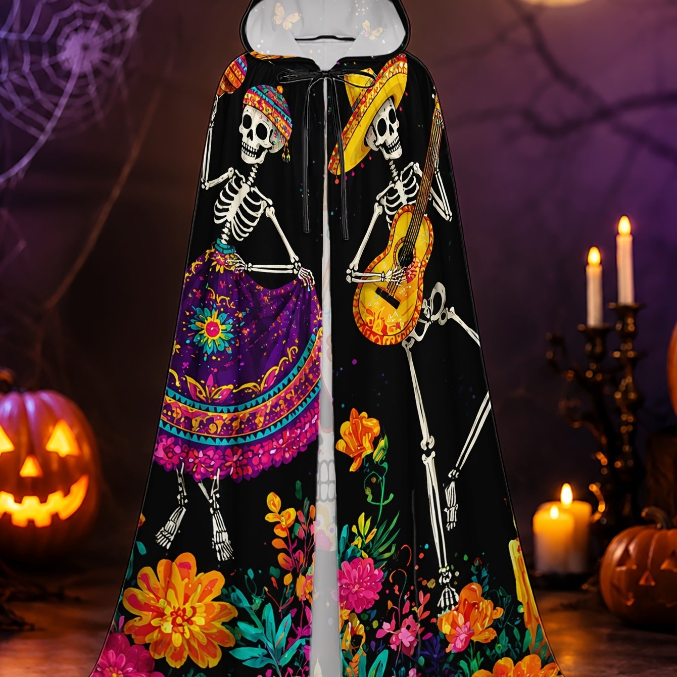 TEMU 1 cape longue avec imprimé floral de squelette pour l'Anniversaire des Morts, idéale pour les jeux de rôle d'horreur d'Halloween, les
