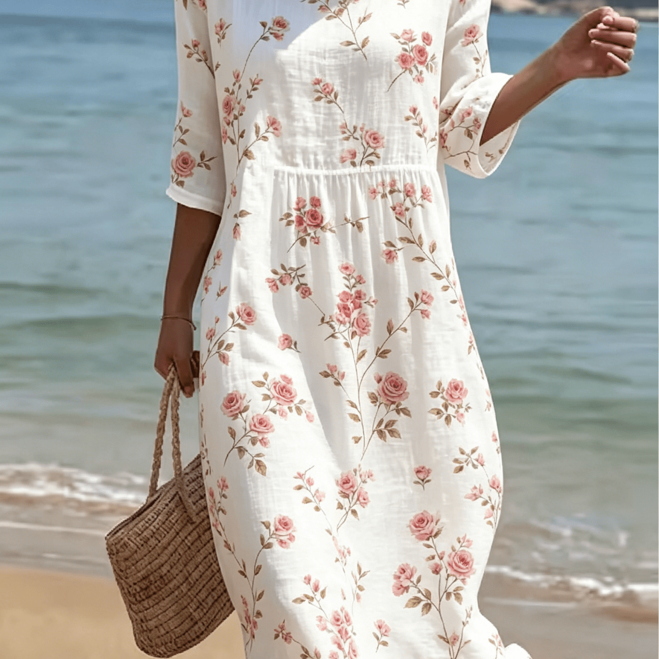 Women Elegant Chinese Style Floral Midi Dress, Half Sleeve Round Neck Waist Ruched Loose Beach Vacation Sundress, Breathable Lightweight Soft Fiber Fabric Boho Dress