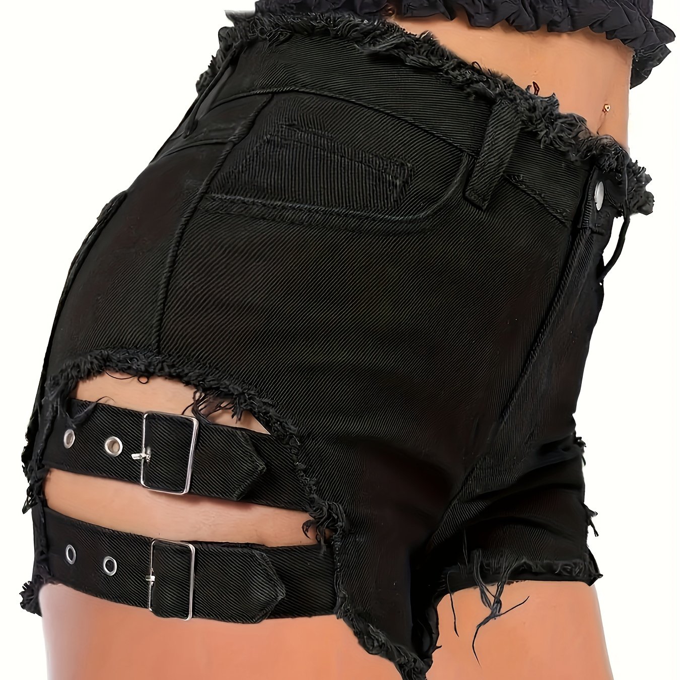 Image of Women's Black Denim Shorts, High-waisted Ripped And Hollowed-out Denim Shorts, Frayed Hem, Street Style, Spring And Autumn