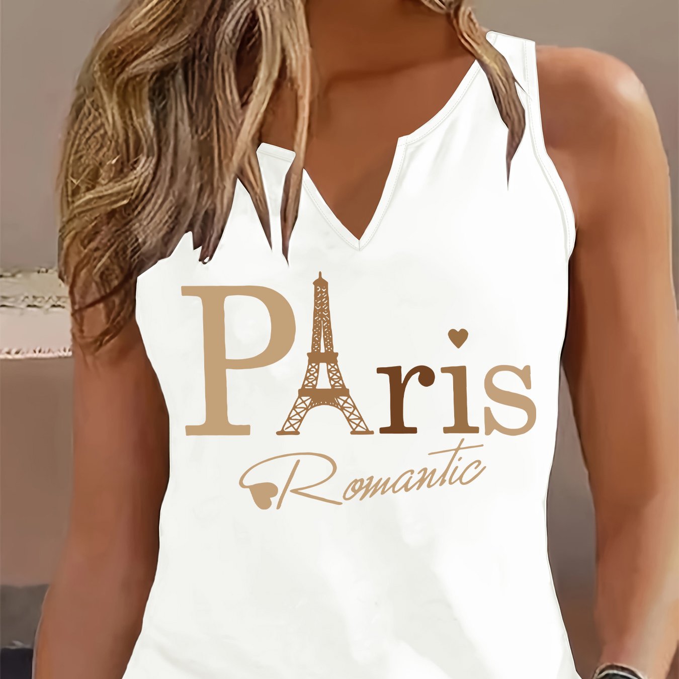 TEMU Women's French Print Sleeveless V-neck Blouse - Summer Loose , Non-sheer Casual French Style Shirt, Machine Washable Parisian Outfit Essential