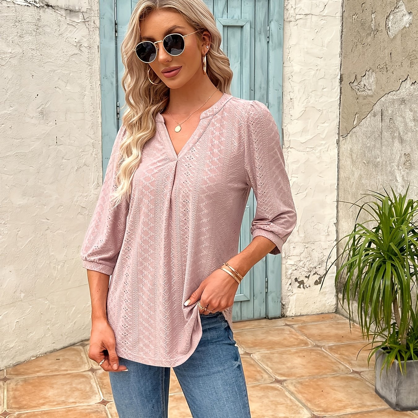 Image of Women's Blouse Elegant V-neck 3/4 Sleeve T-shirts Tops Casual Tunic Short Sleeve Shirt Blouses Casual Solid Tops Long Shirt For Summer Shirt Blouse