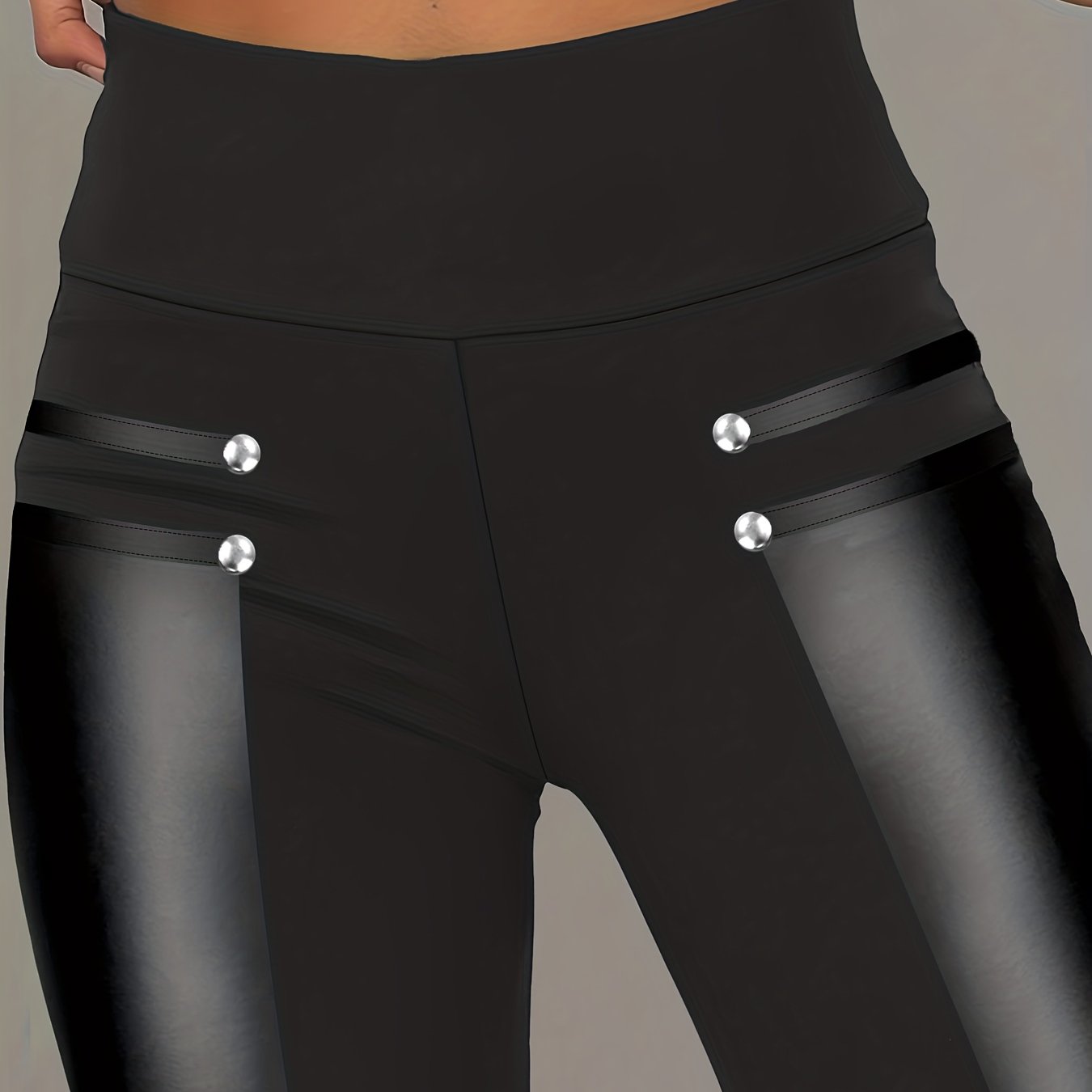 E-shop Casual Damen Leggings in Unifarben, High-Waist, mit Perlenverzierung, Metallnieten, Patchwork, bequem, atmungsaktiv dehnbar, elastischer Bund,