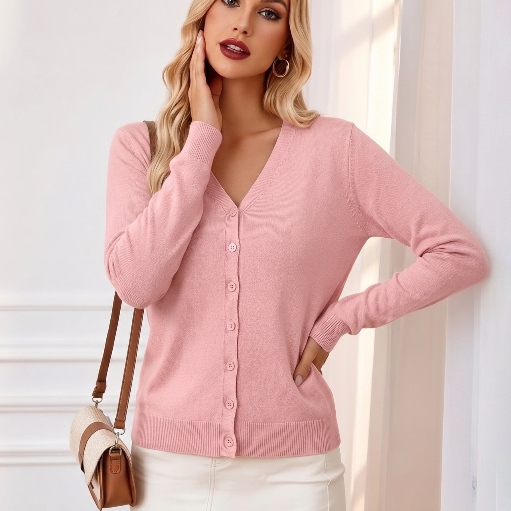 TEMU Women' Solid Color V-neck Button-up Cardigan