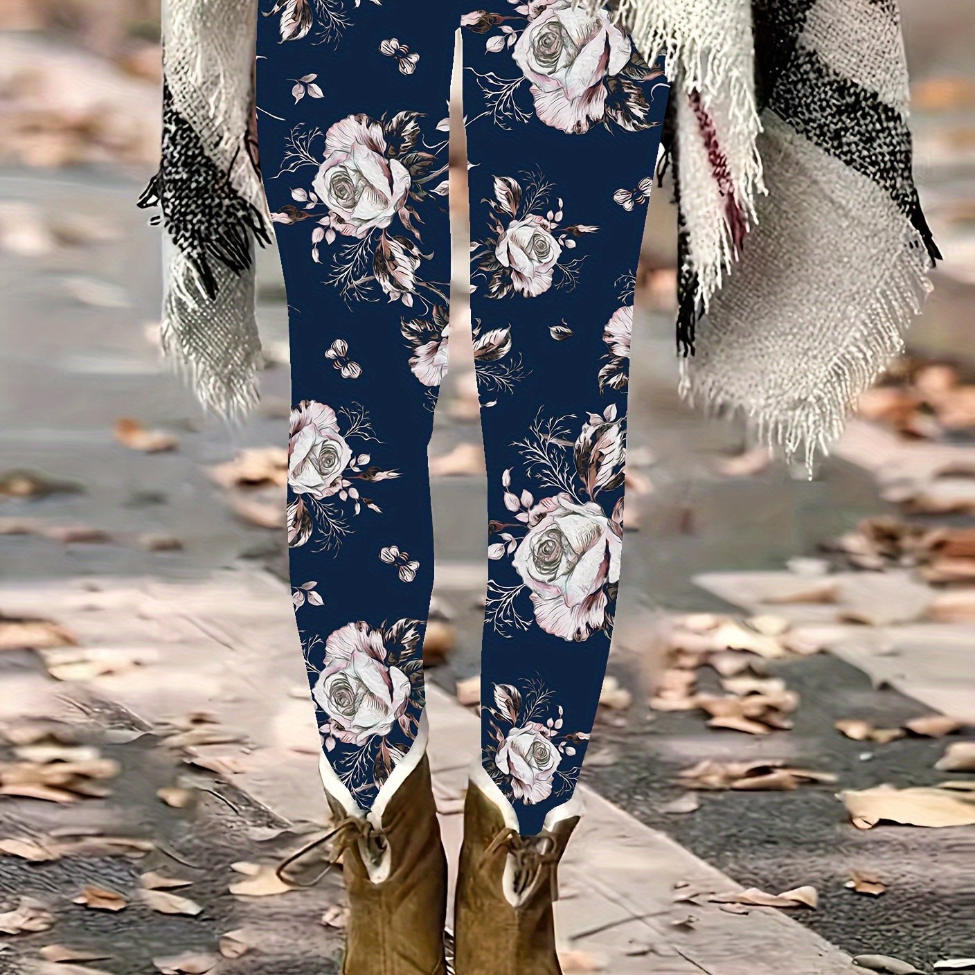 TEMU Women's Plus Size Floral Print Stretch Leggings - Elegant, Fit For Casual Attire