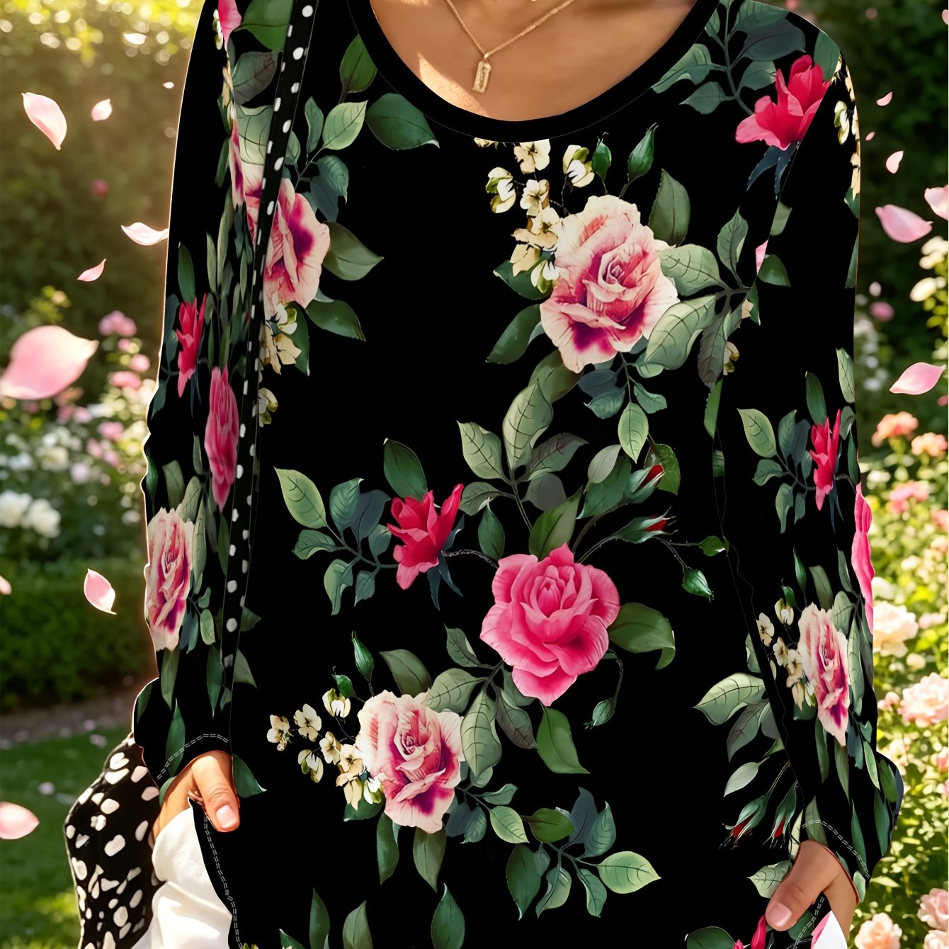 TEMU Plus Size Casual Women's Black Floral Print Long Sleeve Top, Women's Loose Round Neck Pullover, Spring Summer Casual All-match Style