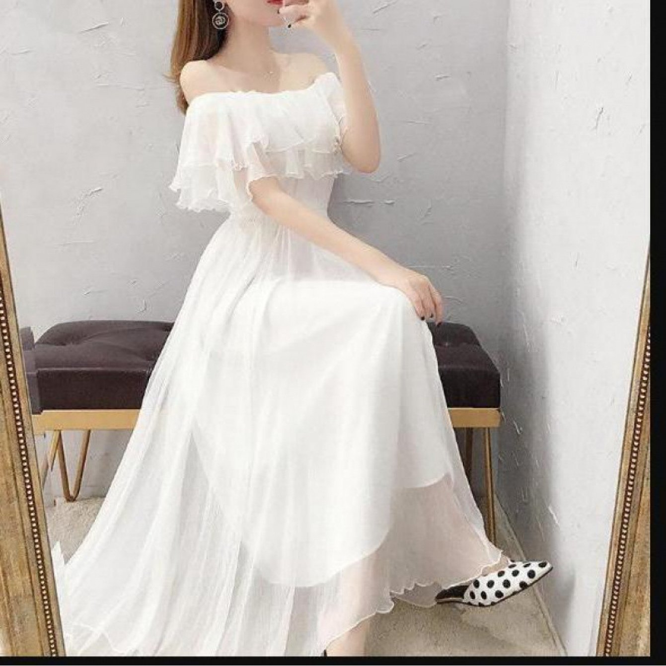 TEMU 【商品名】ワンピース オフショルダー 女性用 高品質 ト ロングドレス。ウエストを引き締め、体型を際立たせる。バケーション写真に最適。