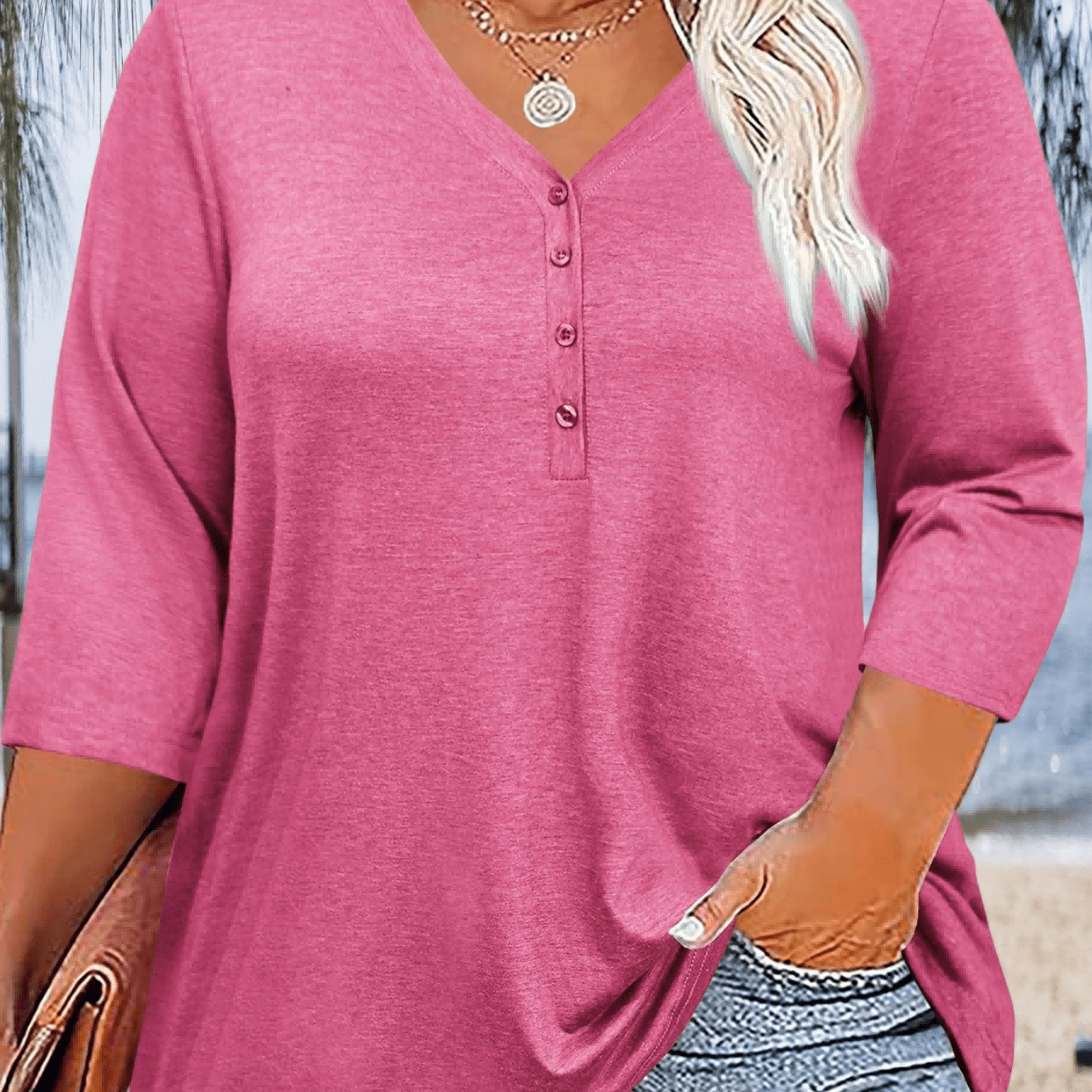 Plus Size - Plus Size - Casual Summer Tops For Women Featuring A Round Neck, V-neck Option, 3/4 Sleeves, And A Loose Fit, In Plus Sizes