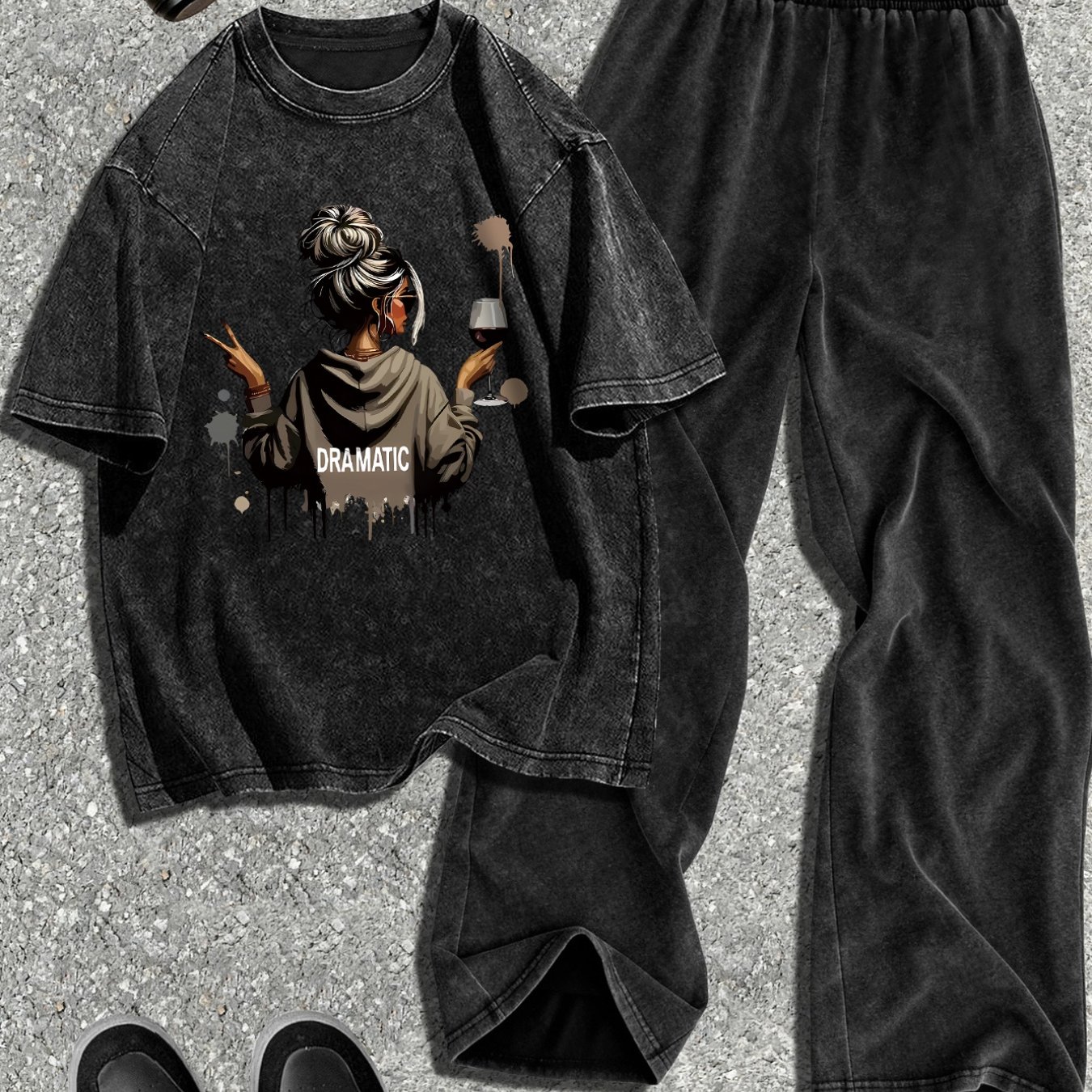 Image of Portrait Print Washed Retro Short Sleeved Pants Set, Fashion Daily Wear, Suitable For Spring And Summer Wear Washed Short Sleeved Pants Set