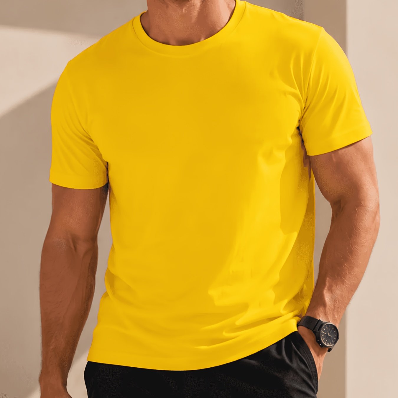 TEMU Yellow Solid Color Men's Round Neck Short Sleeve T-shirt, Summer Basic Breathable All-match Casual Short Sleeve Top