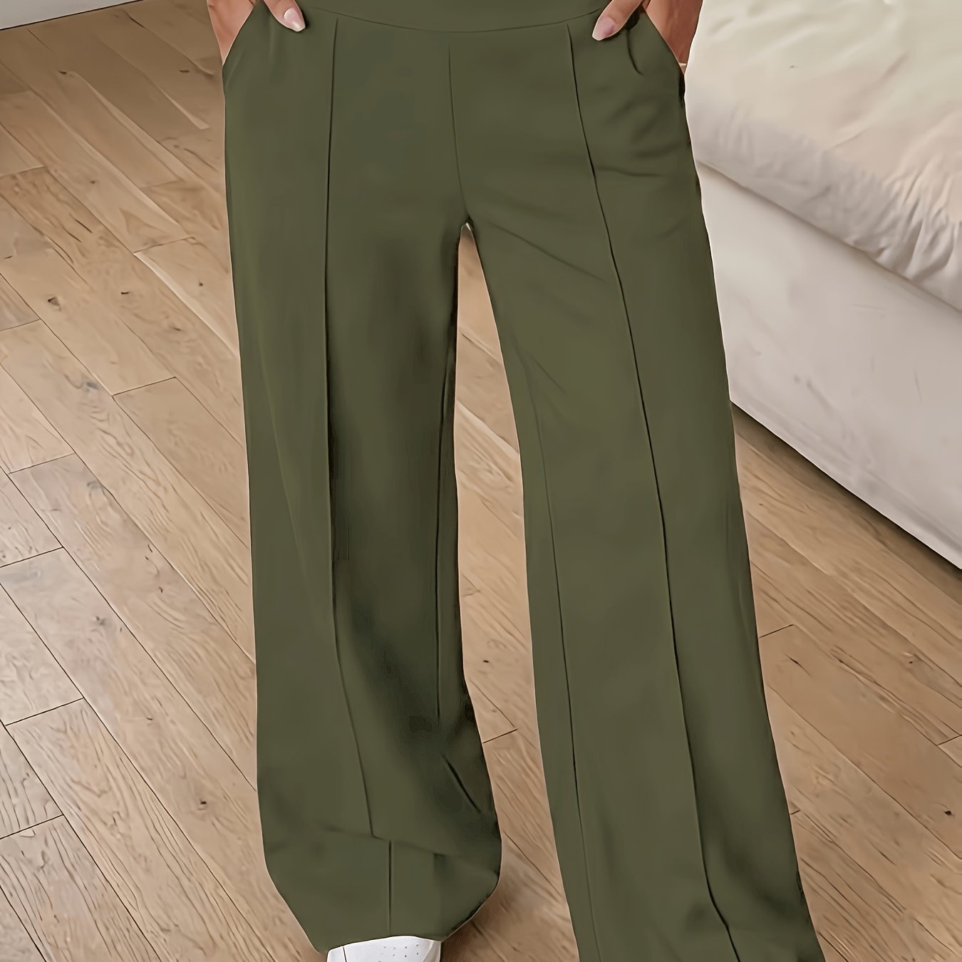 TEMU High-waisted Wide-leg Trousers With Front Pleated & Side Pockets - Stretch Straight-leg Pants Suitable For Commuting,,, Machine Washable