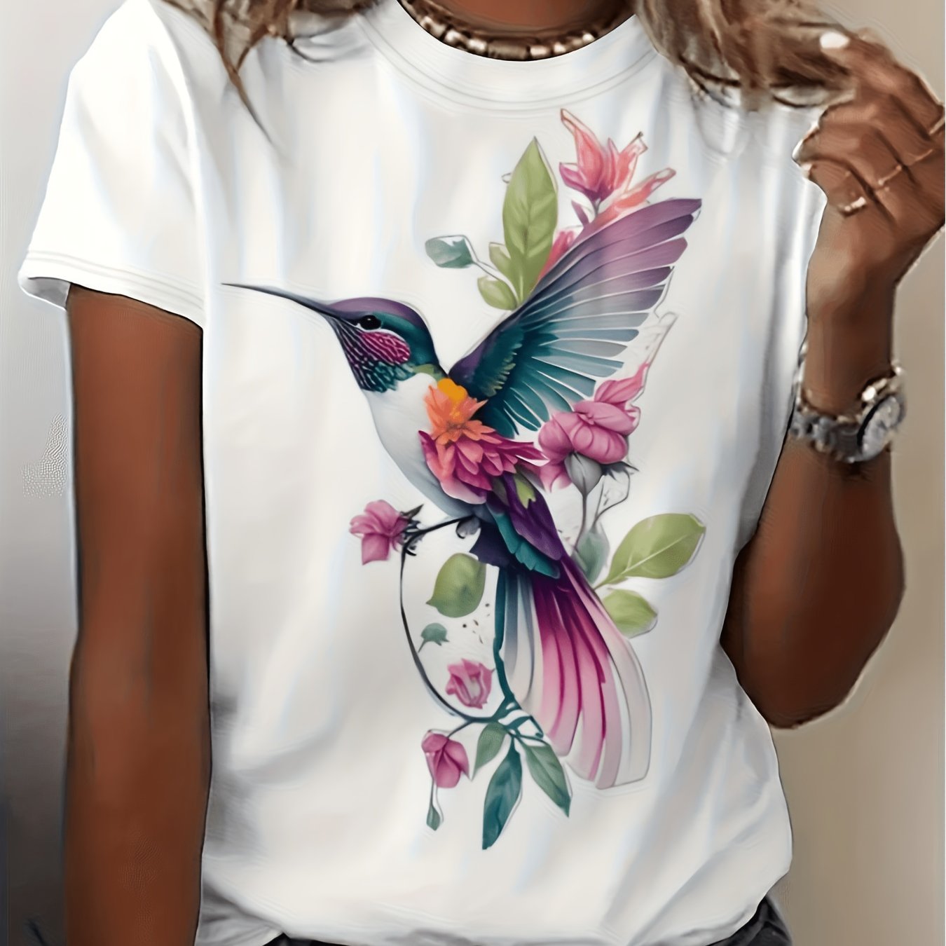 TEMU Plus Size - Plus Size - Plus Size Women's Plus Size Oversized Hummingbird & Floral Print T-shirt Multicolor Short Sleeve Round Neck Blouse, Soft