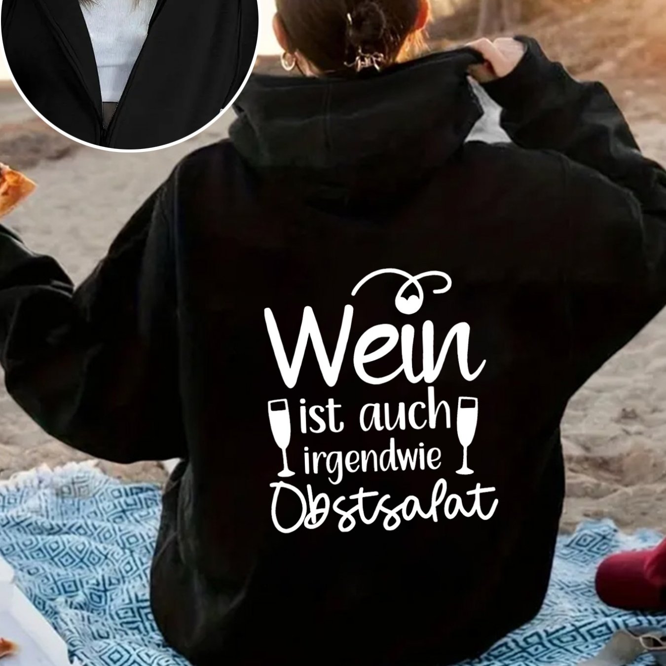 TEMU Printed Pattern Features The German Text "wein Ist Auch Irgendwie Obstsalat" And A Wine Glass Motif. Women's Fashionable Casual Y Hoodie Jacket